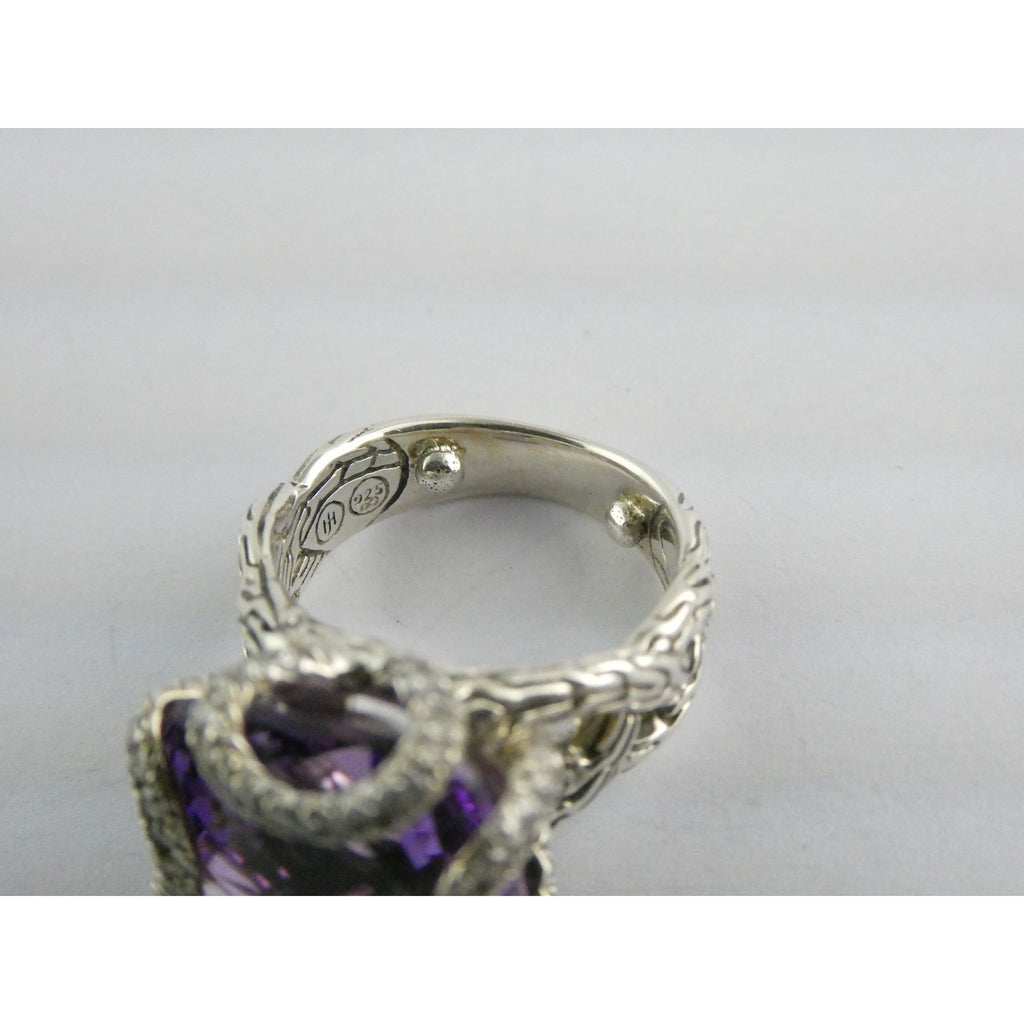 John Hardy Woven Cable Sterling Silver Amethyst and Diamond Ring Size 4.75 10g