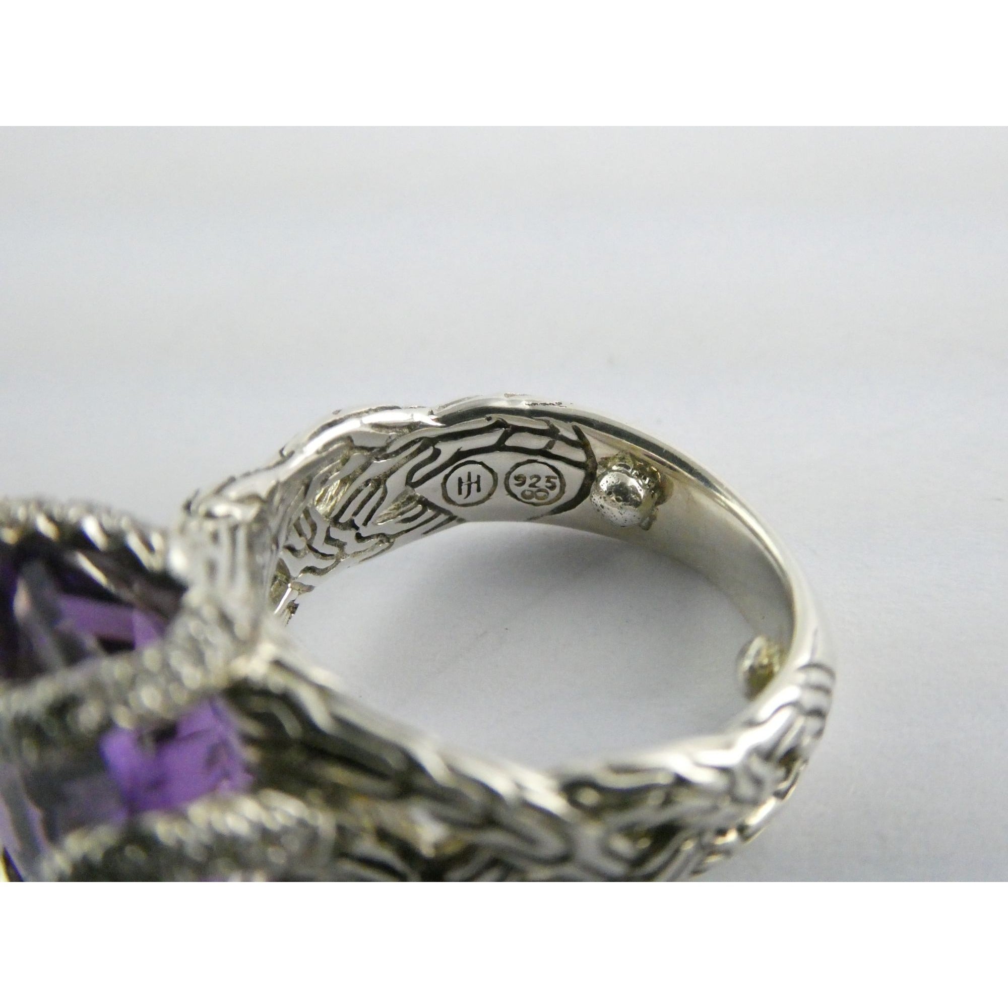 John Hardy Woven Cable Sterling Silver Amethyst and Diamond Ring Size 4.75 10g