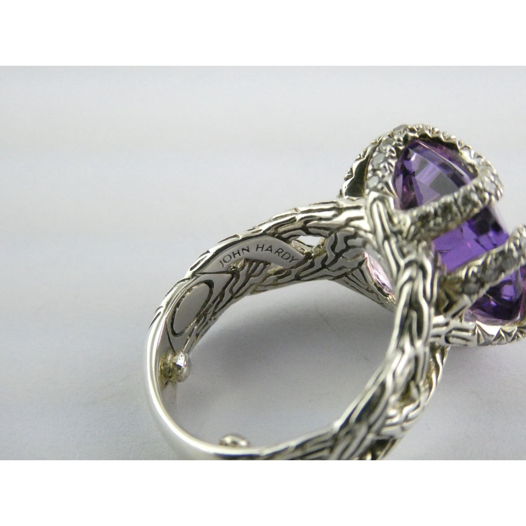 John Hardy Woven Cable Sterling Silver Amethyst and Diamond Ring Size 4.75 10g