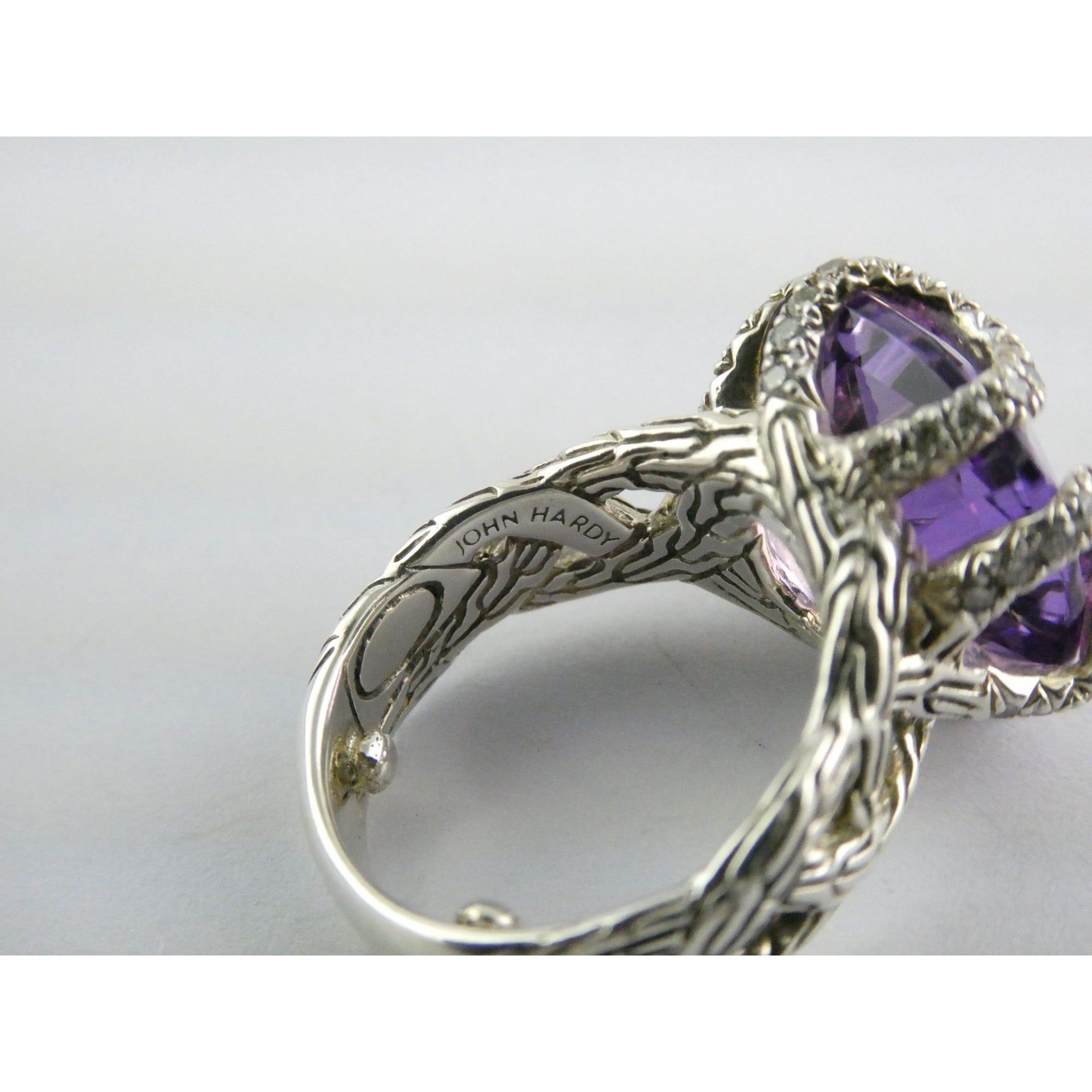 John Hardy Woven Cable Sterling Silver Amethyst and Diamond Ring Size 4.75 10g