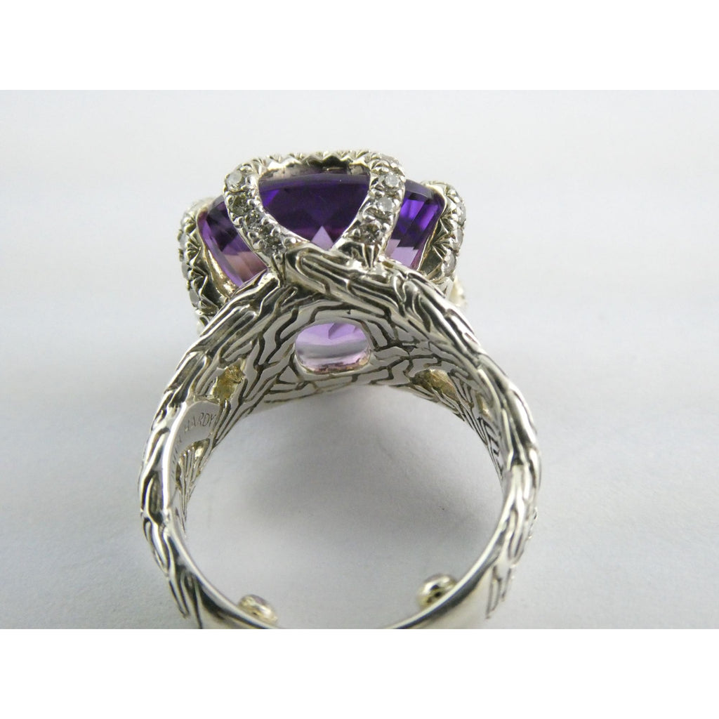 John Hardy Woven Cable Sterling Silver Amethyst and Diamond Ring Size 4.75 10g