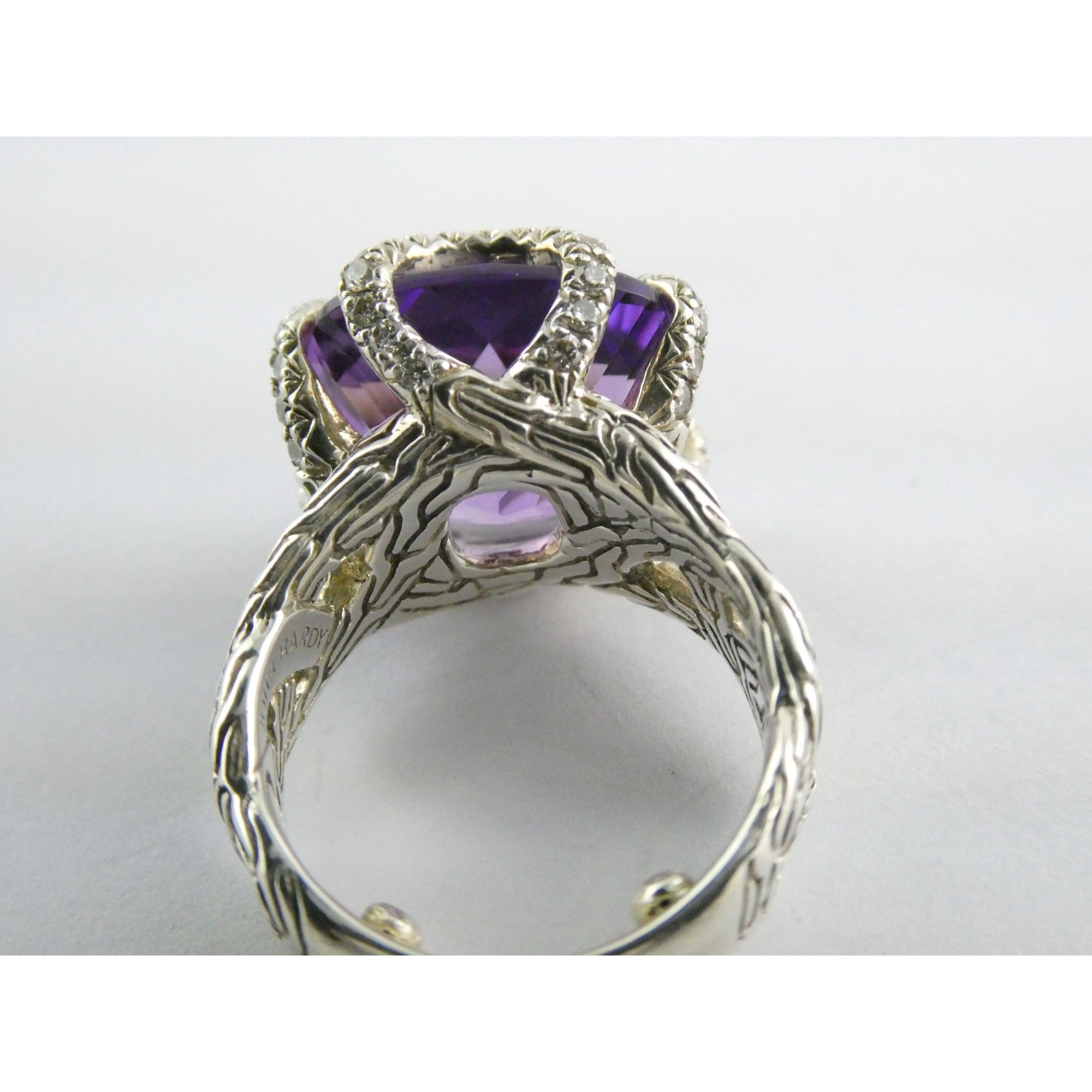 John Hardy Woven Cable Sterling Silver Amethyst and Diamond Ring Size 4.75 10g