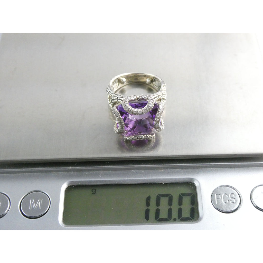 John Hardy Woven Cable Sterling Silver Amethyst and Diamond Ring Size 4.75 10g