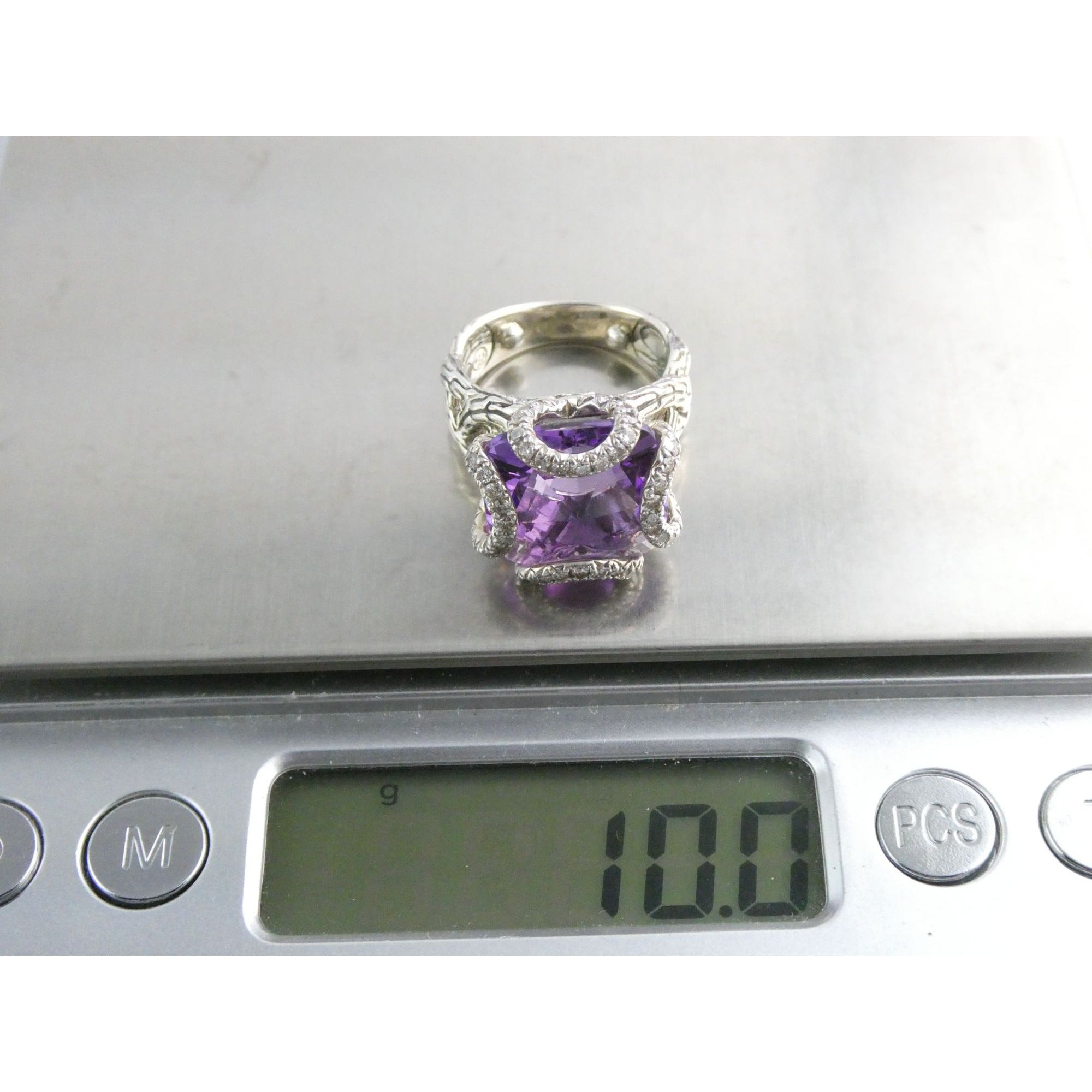 John Hardy Woven Cable Sterling Silver Amethyst and Diamond Ring Size 4.75 10g