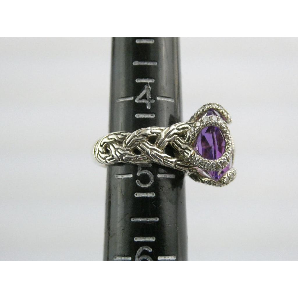 John Hardy Woven Cable Sterling Silver Amethyst and Diamond Ring Size 4.75 10g