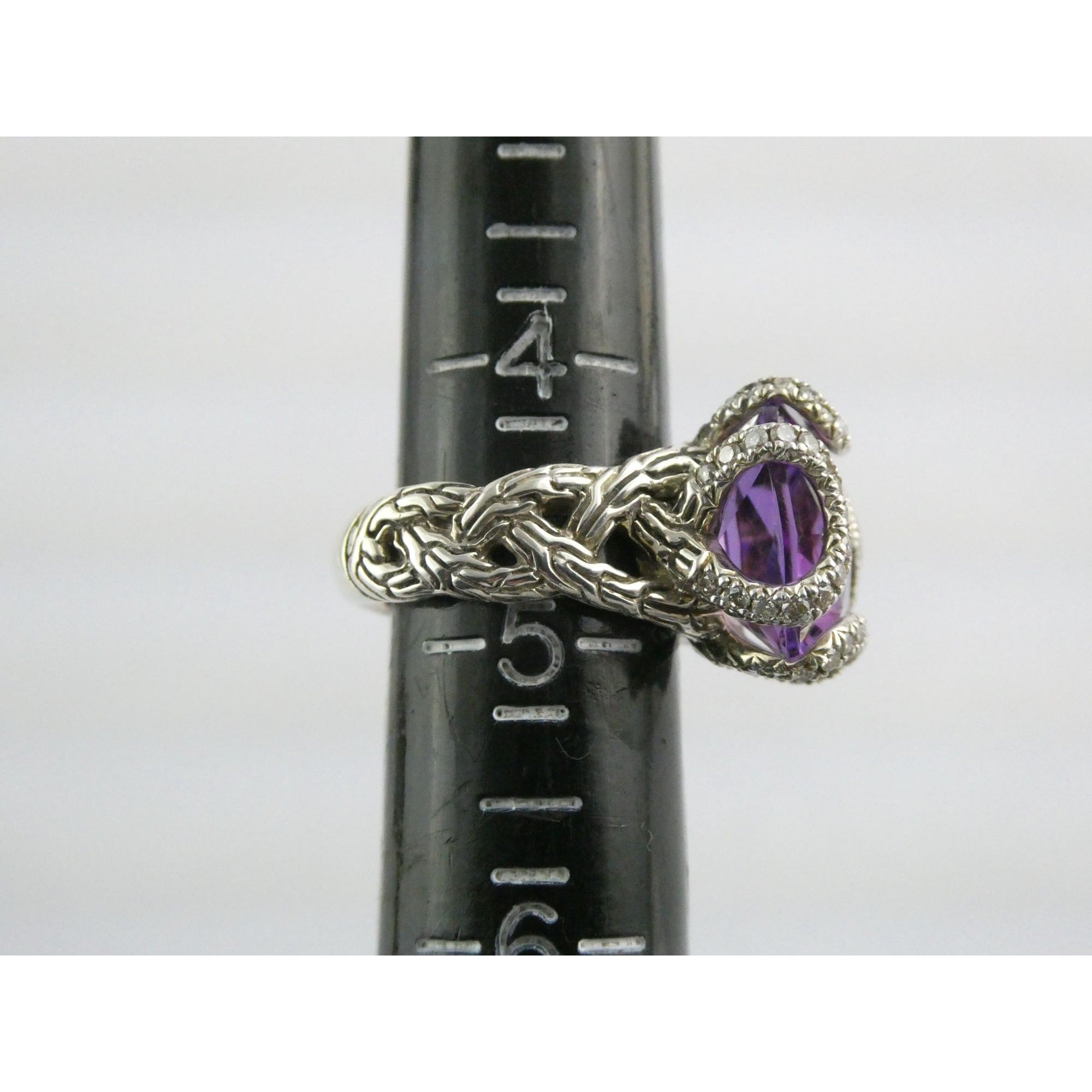 John Hardy Woven Cable Sterling Silver Amethyst and Diamond Ring Size 4.75 10g