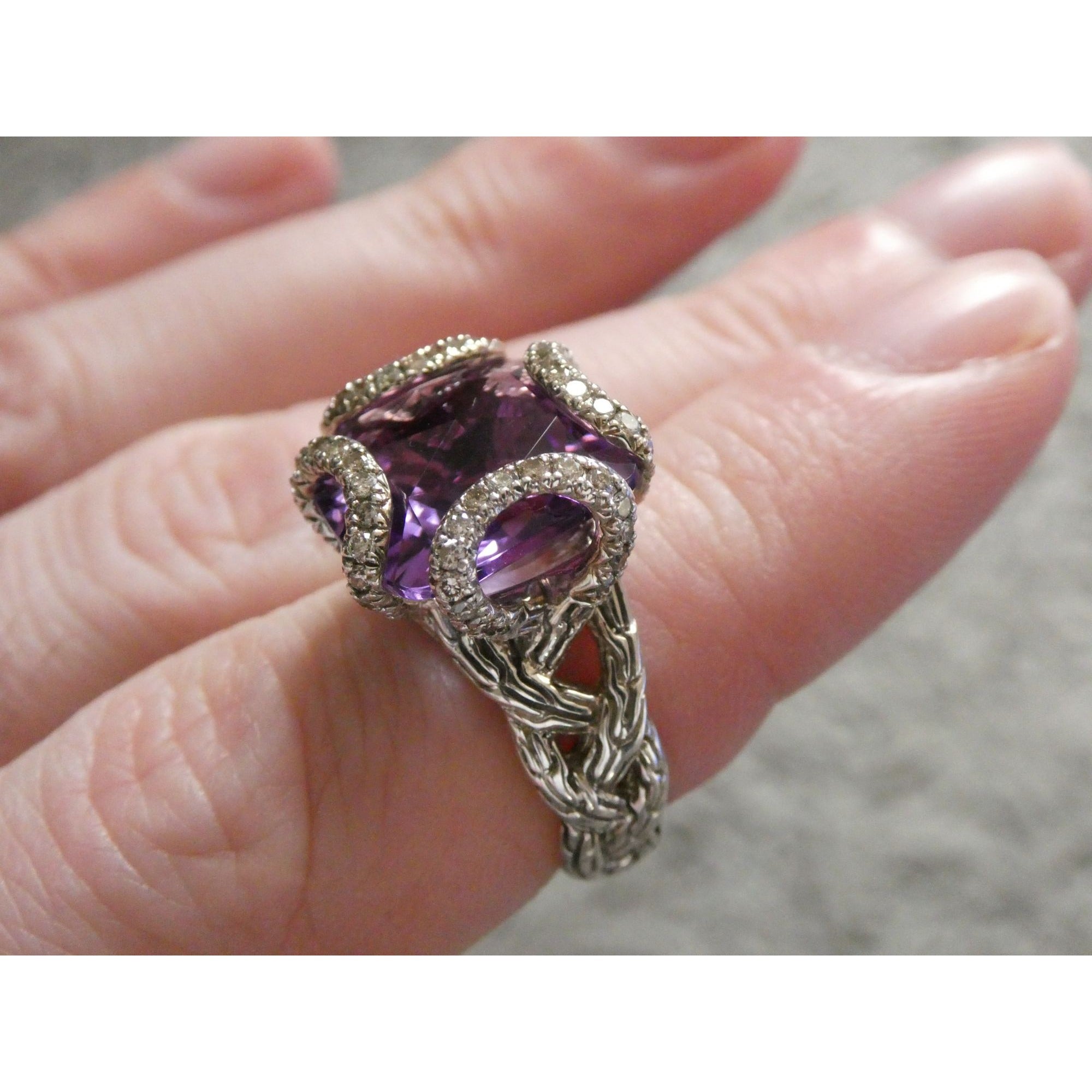 John Hardy Woven Cable Sterling Silver Amethyst and Diamond Ring Size 4.75 10g
