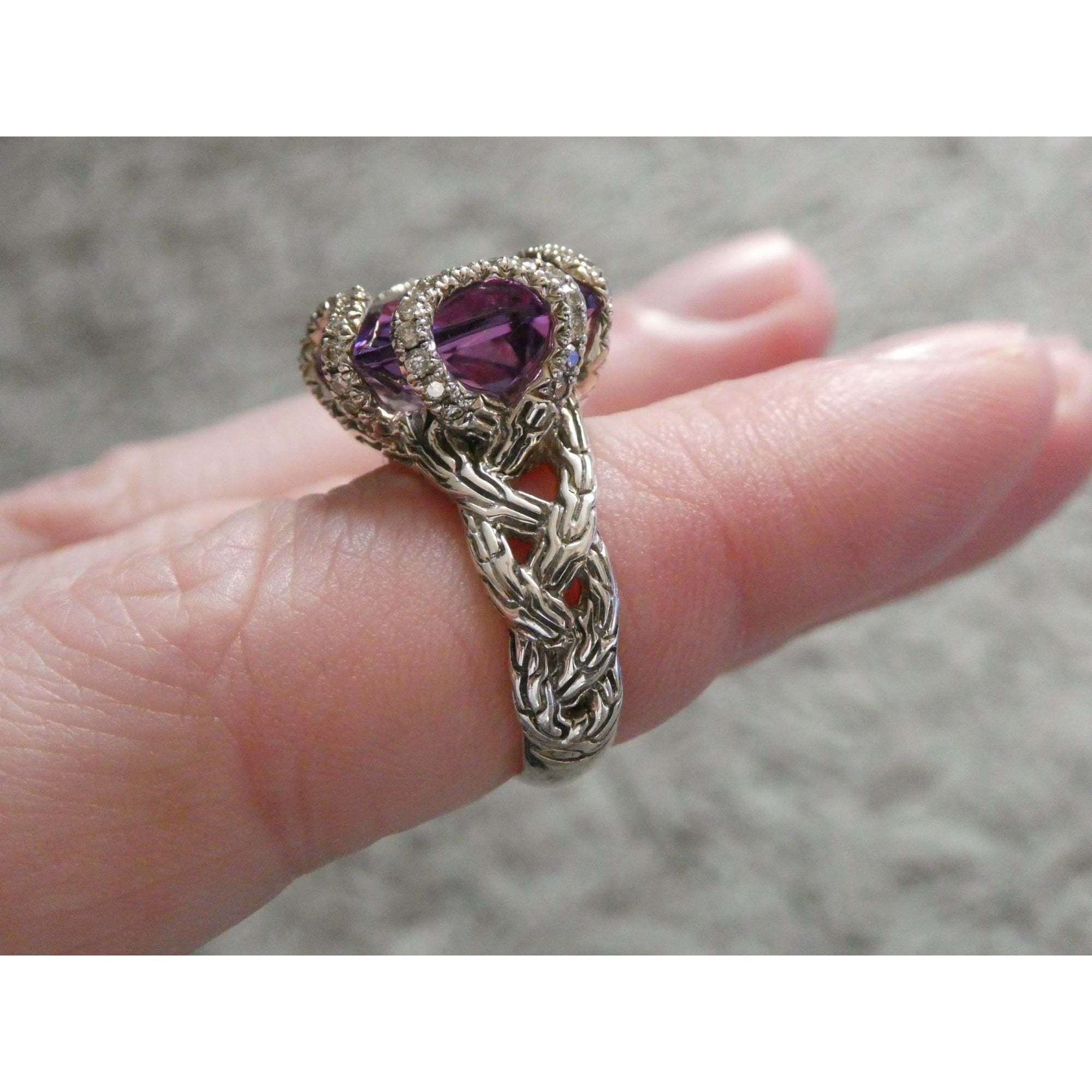 John Hardy Woven Cable Sterling Silver Amethyst and Diamond Ring Size 4.75 10g