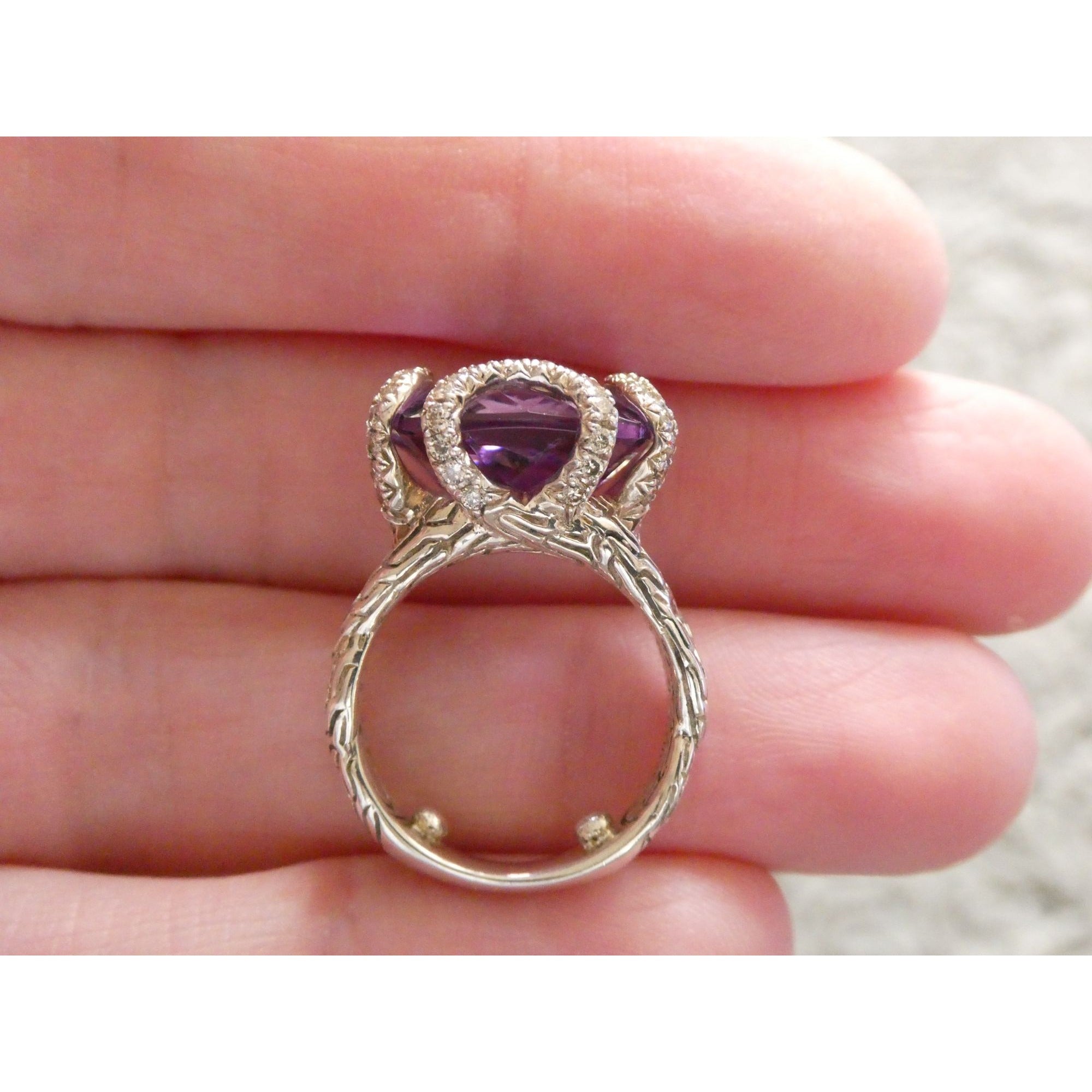 John Hardy Woven Cable Sterling Silver Amethyst and Diamond Ring Size 4.75 10g