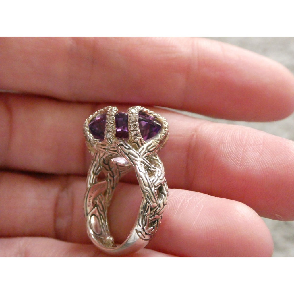 John Hardy Woven Cable Sterling Silver Amethyst and Diamond Ring Size 4.75 10g