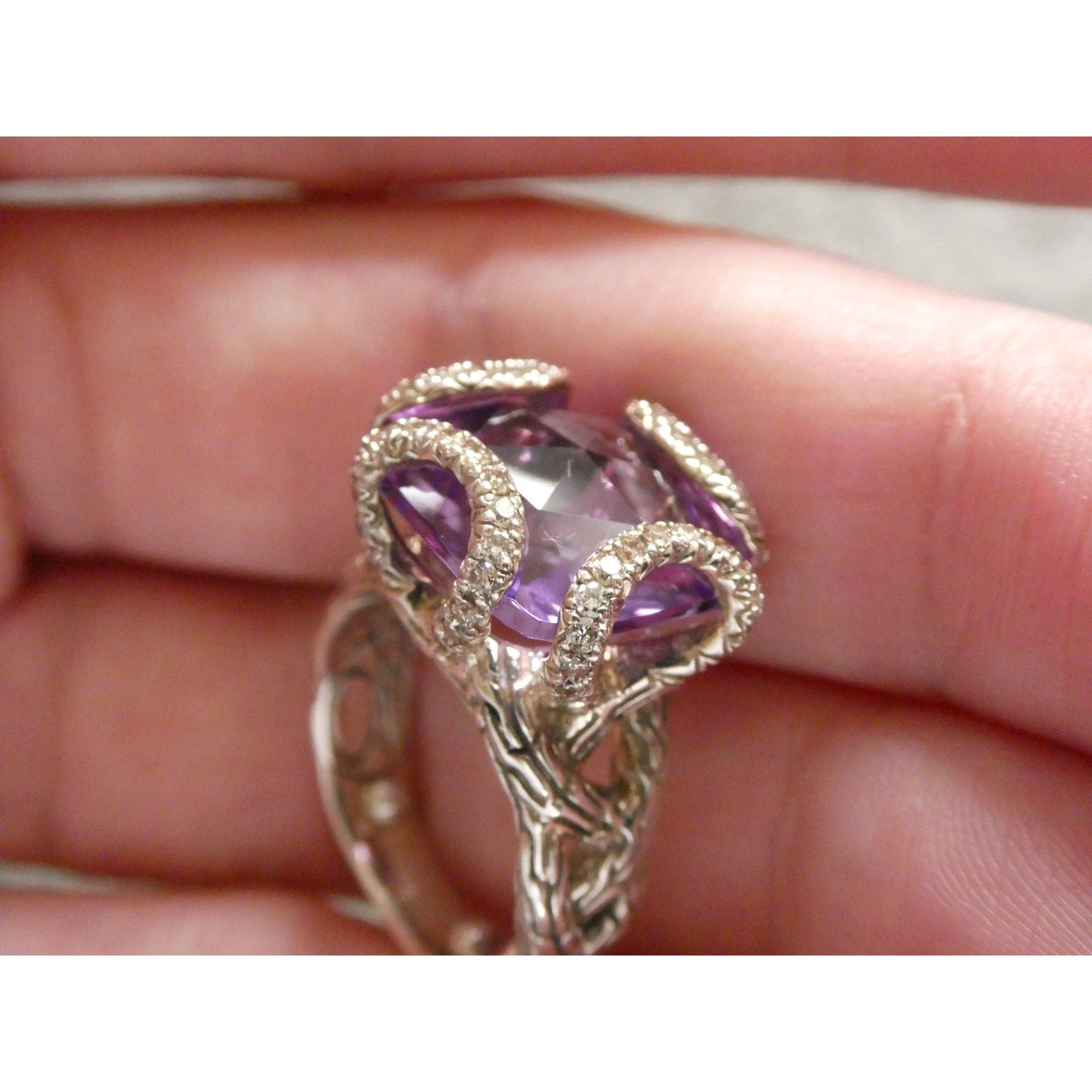 John Hardy Woven Cable Sterling Silver Amethyst and Diamond Ring Size 4.75 10g