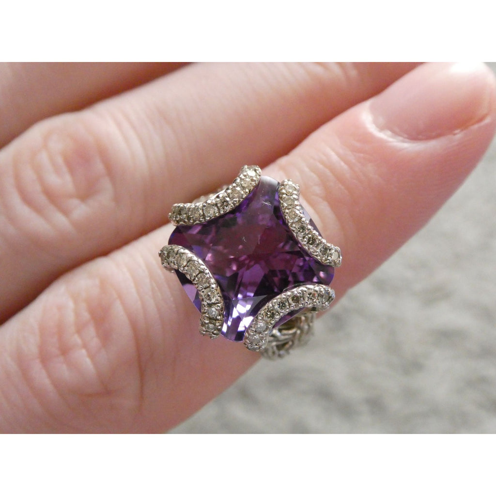 John Hardy Woven Cable Sterling Silver Amethyst and Diamond Ring Size 4.75 10g