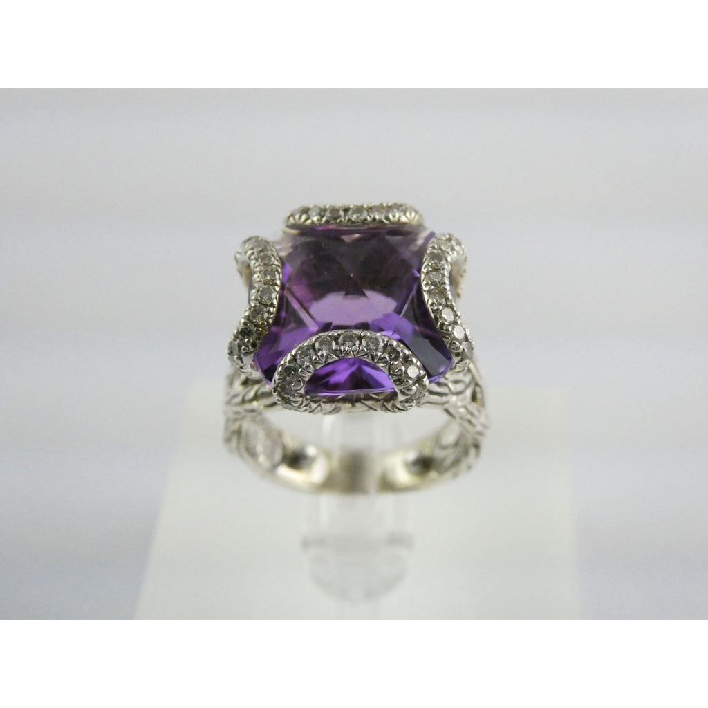 John Hardy Woven Cable Sterling Silver Amethyst and Diamond Ring Size 4.75 10g