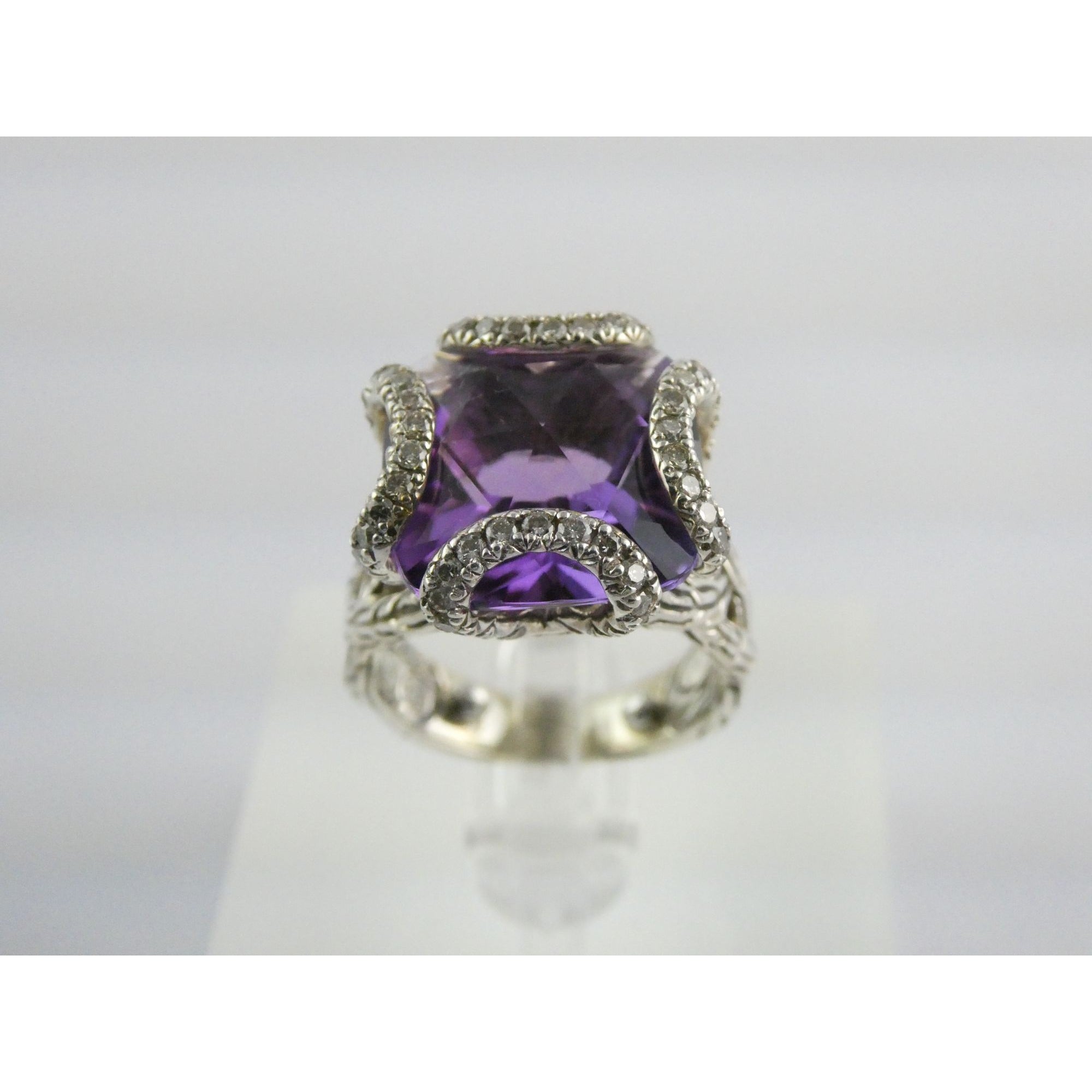 John Hardy Woven Cable Sterling Silver Amethyst and Diamond Ring Size 4.75 10g