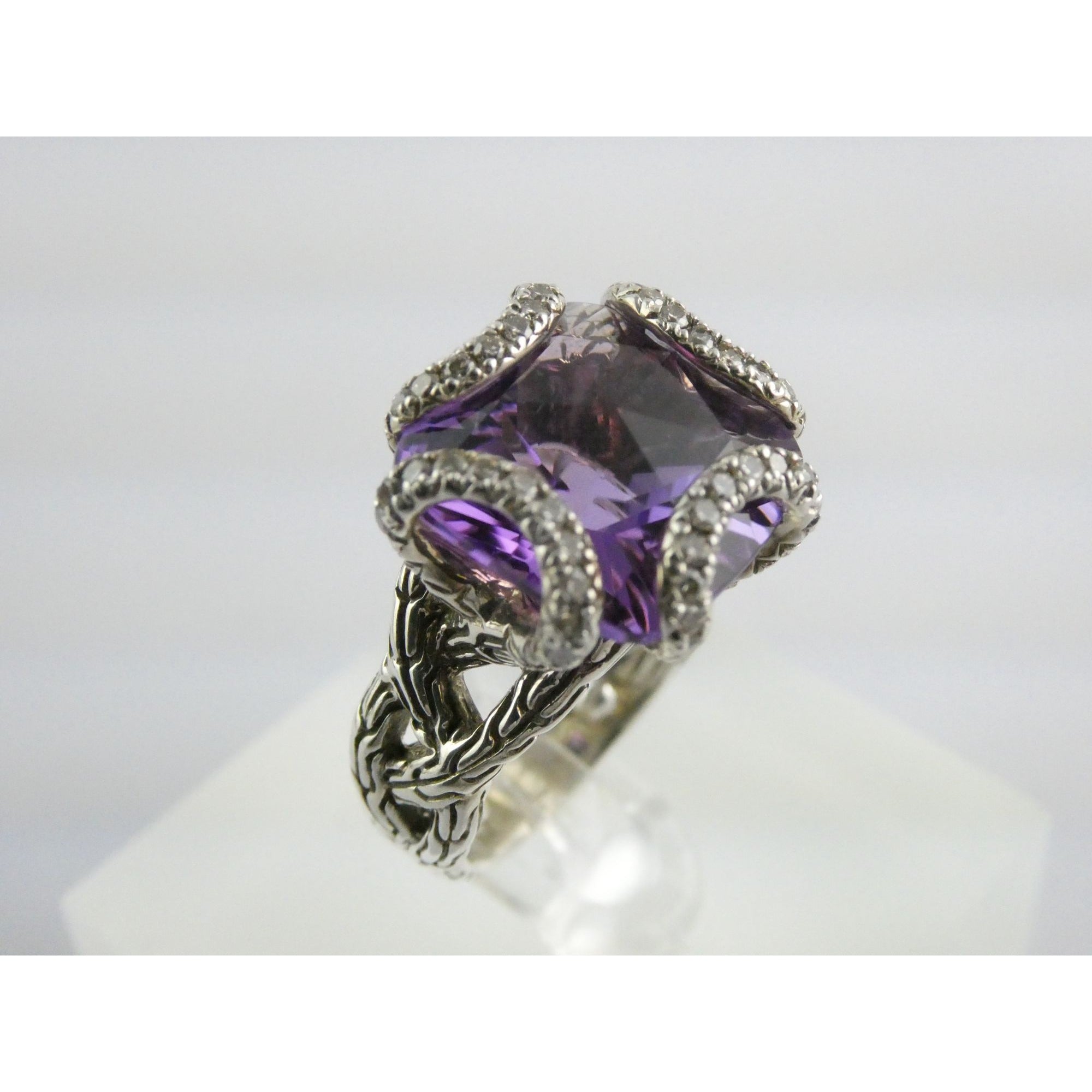 John Hardy Woven Cable Sterling Silver Amethyst and Diamond Ring Size 4.75 10g