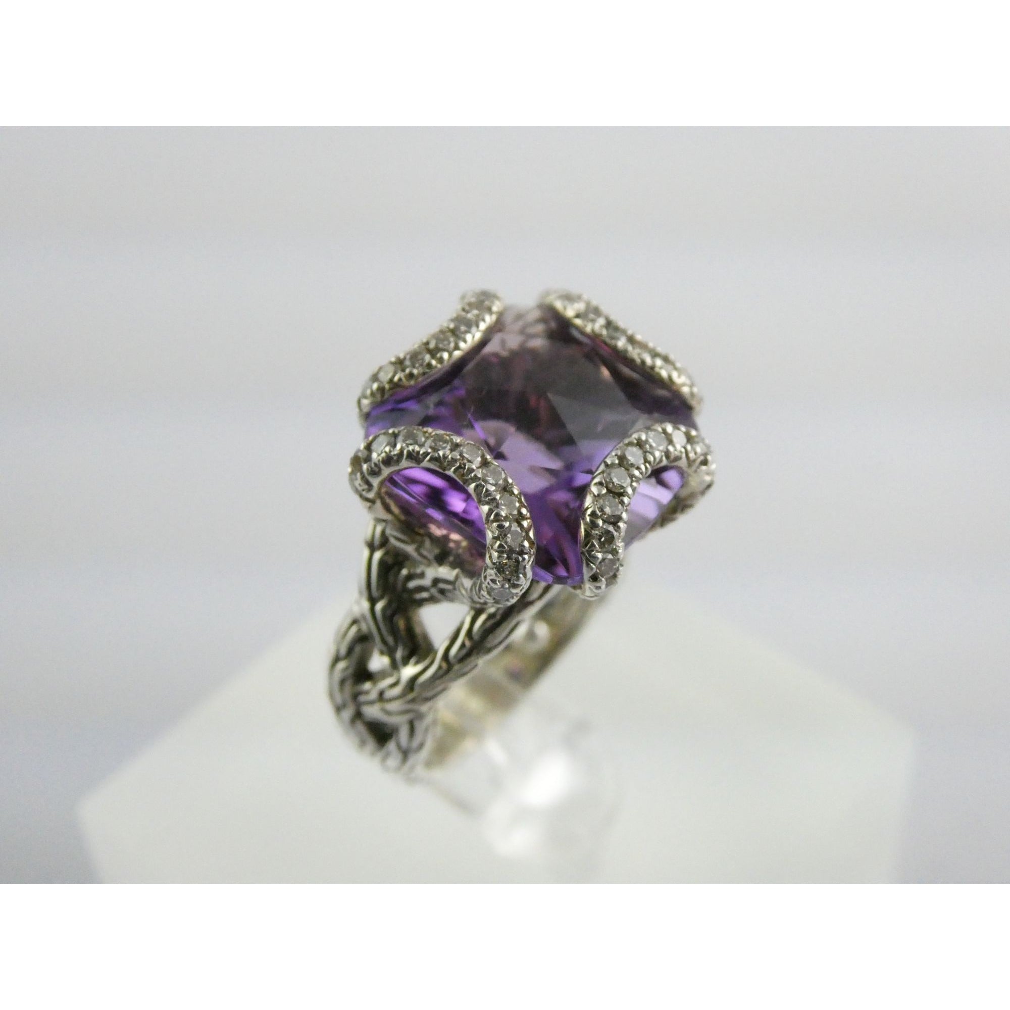 John Hardy Woven Cable Sterling Silver Amethyst and Diamond Ring Size 4.75 10g
