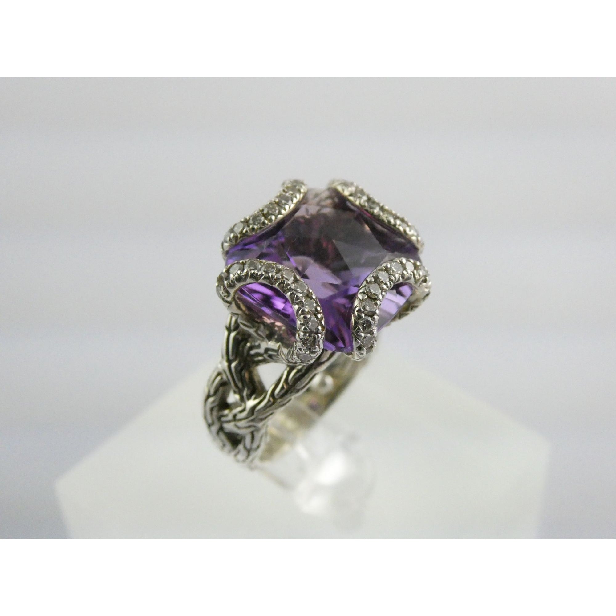 John Hardy Woven Cable Sterling Silver Amethyst and Diamond Ring Size 4.75 10g