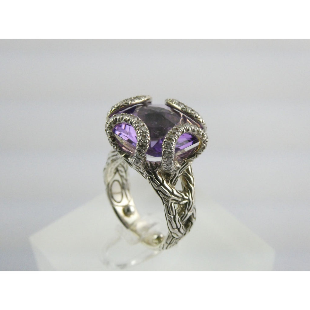 John Hardy Woven Cable Sterling Silver Amethyst and Diamond Ring Size 4.75 10g