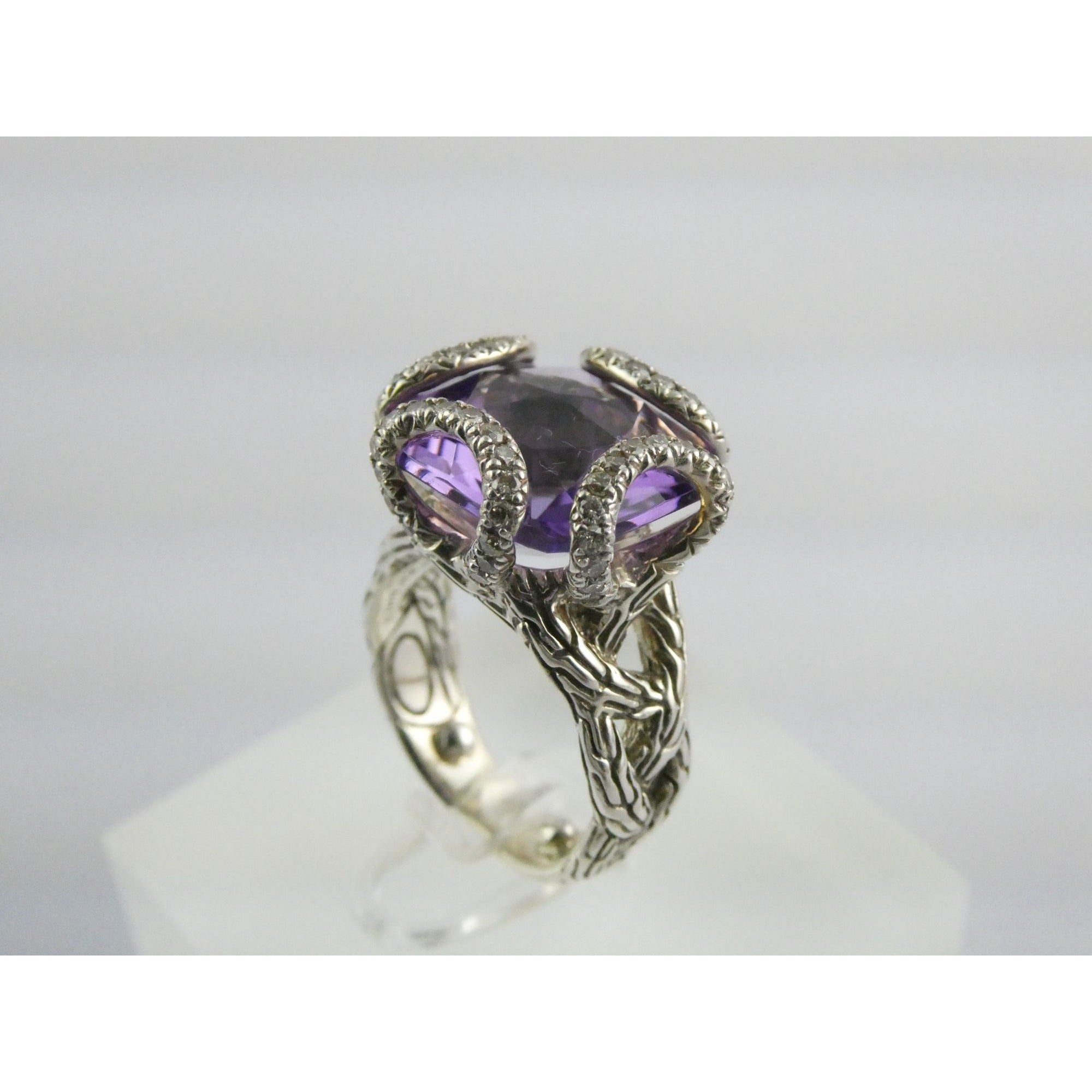 John Hardy Woven Cable Sterling Silver Amethyst and Diamond Ring Size 4.75 10g