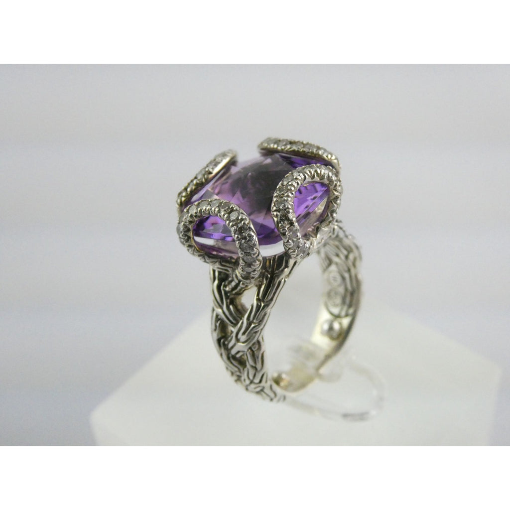 John Hardy Woven Cable Sterling Silver Amethyst and Diamond Ring Size 4.75 10g