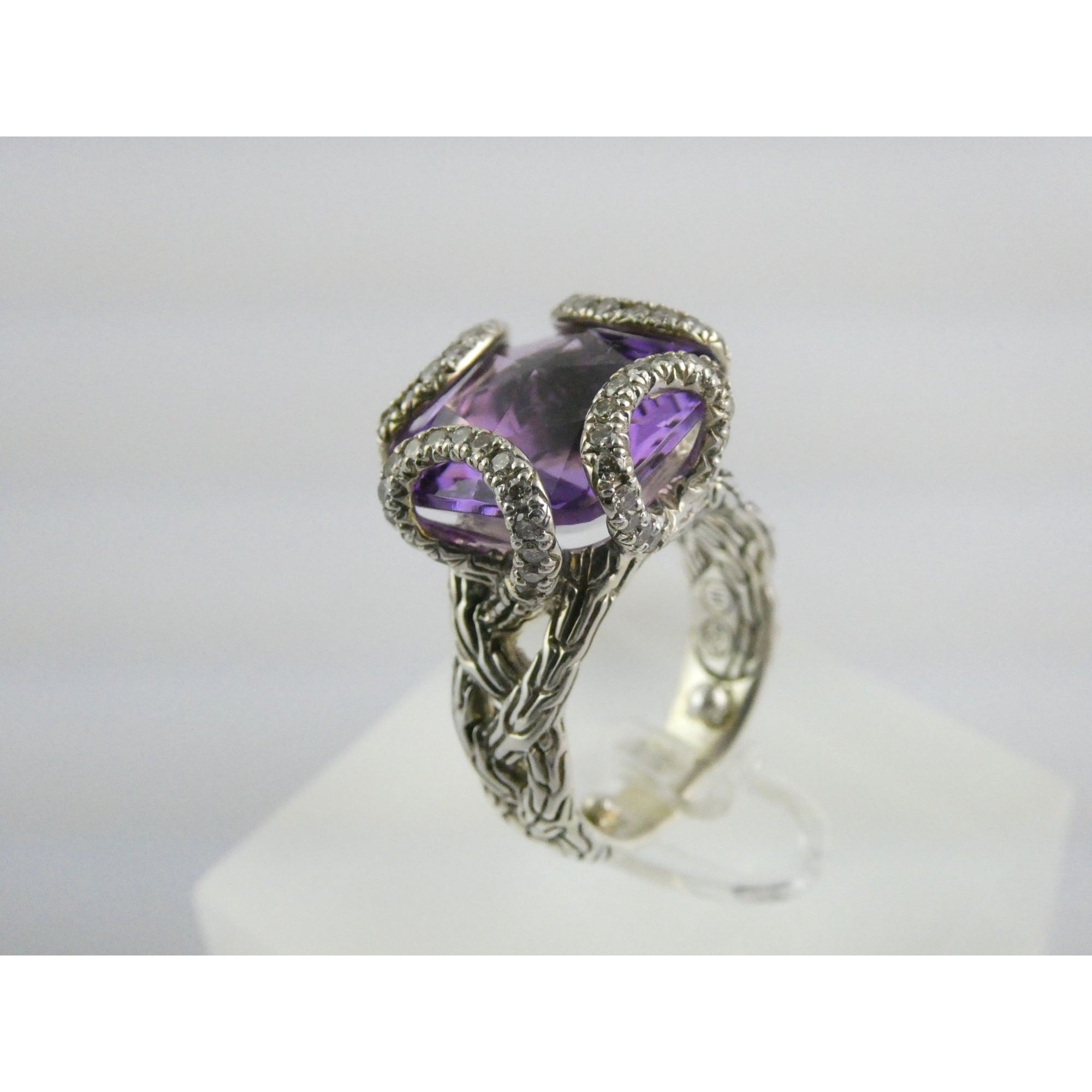 John Hardy Woven Cable Sterling Silver Amethyst and Diamond Ring Size 4.75 10g
