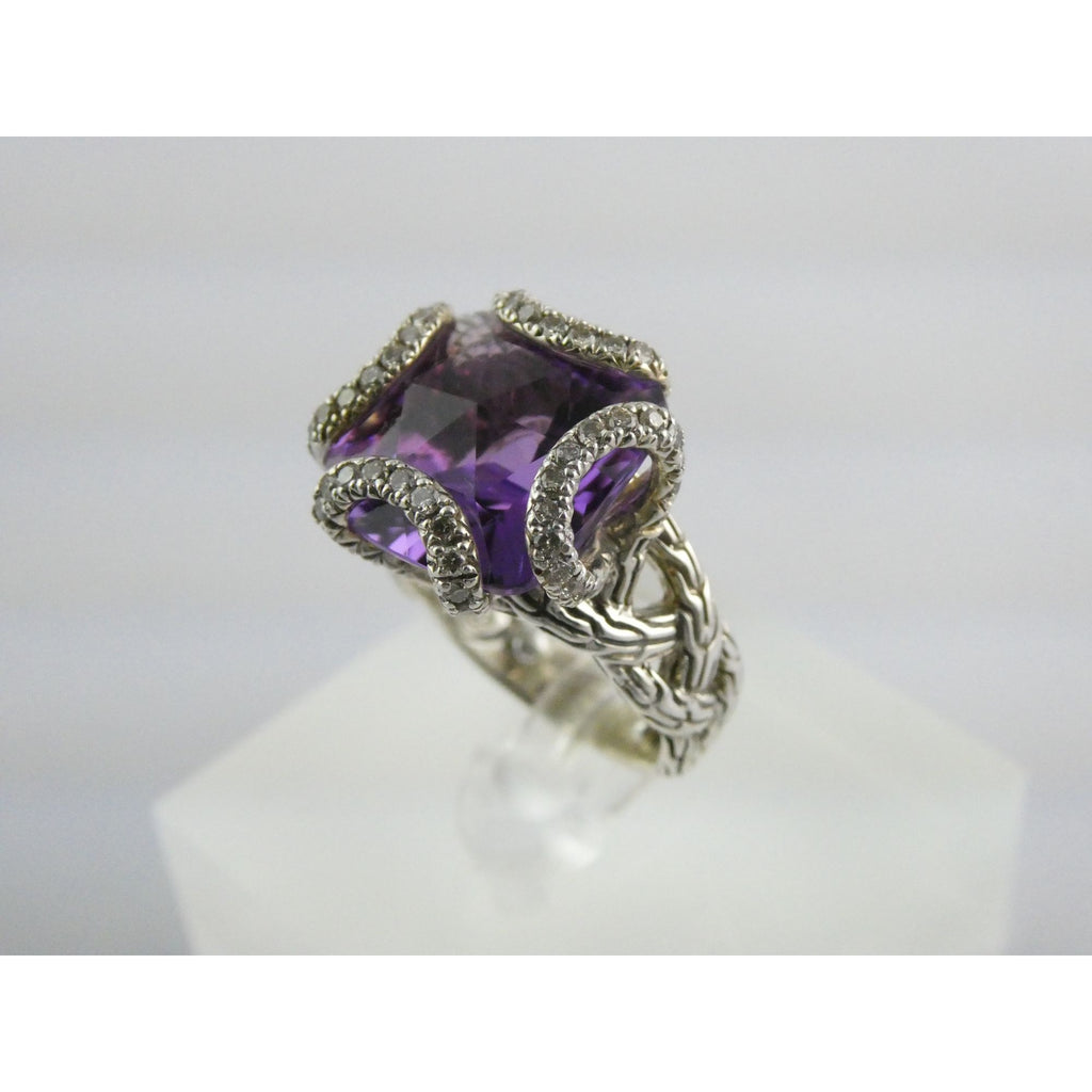 John Hardy Woven Cable Sterling Silver Amethyst and Diamond Ring Size 4.75 10g