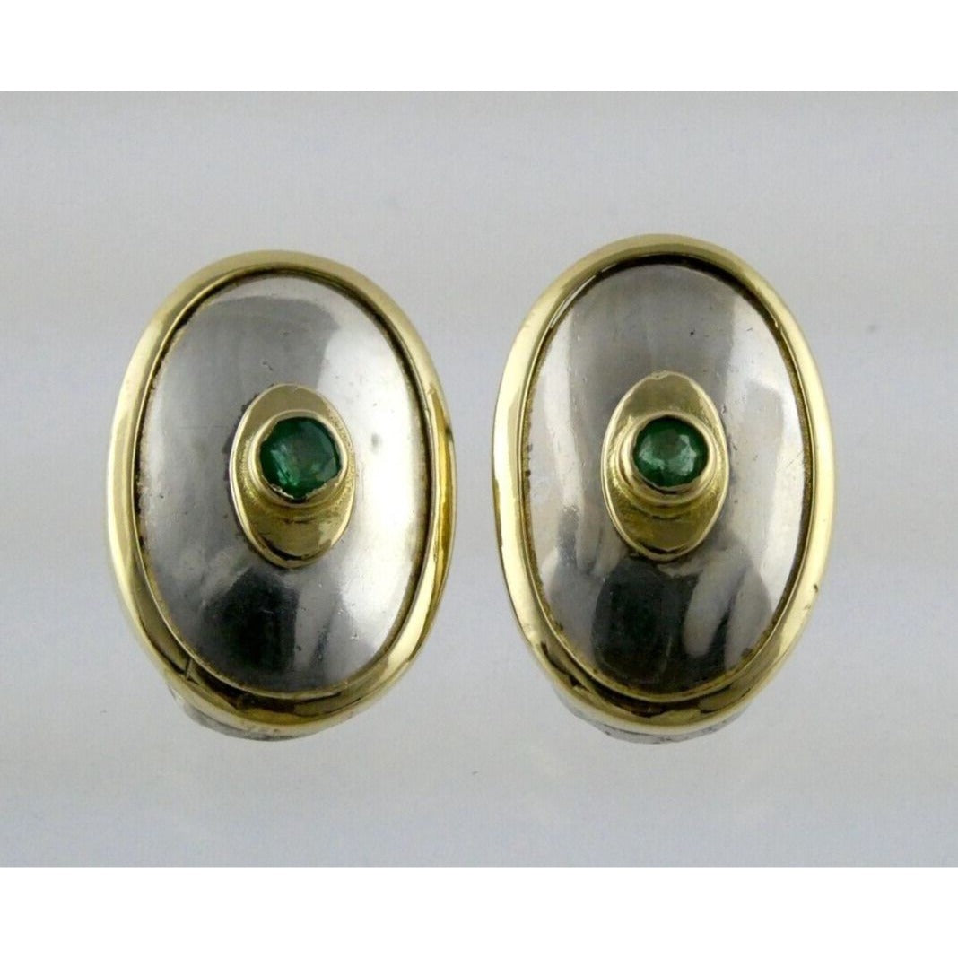 Ilias Lalaounis Greece Sterling Silver Emerald 18k Gold Trim Clip on Earrings