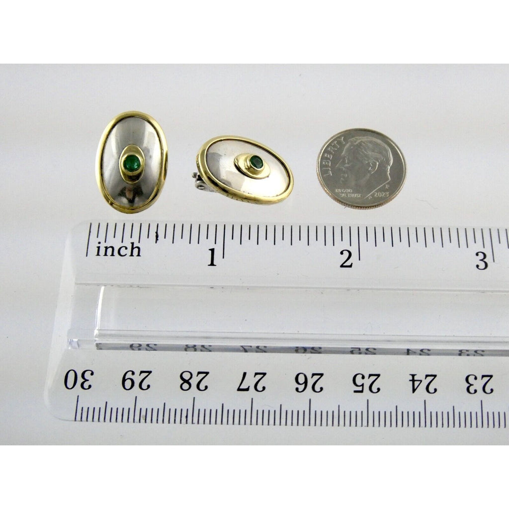 Ilias Lalaounis Greece Sterling Silver Emerald 18k Gold Trim Clip on Earrings