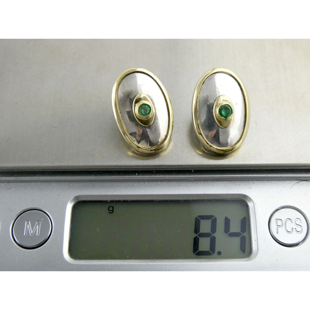 Ilias Lalaounis Greece Sterling Silver Emerald 18k Gold Trim Clip on Earrings