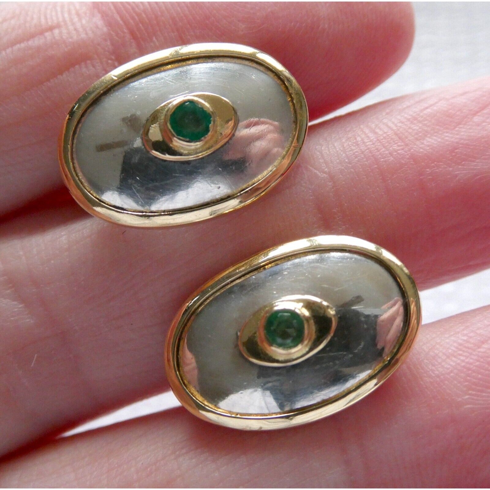 Ilias Lalaounis Greece Sterling Silver Emerald 18k Gold Trim Clip on Earrings