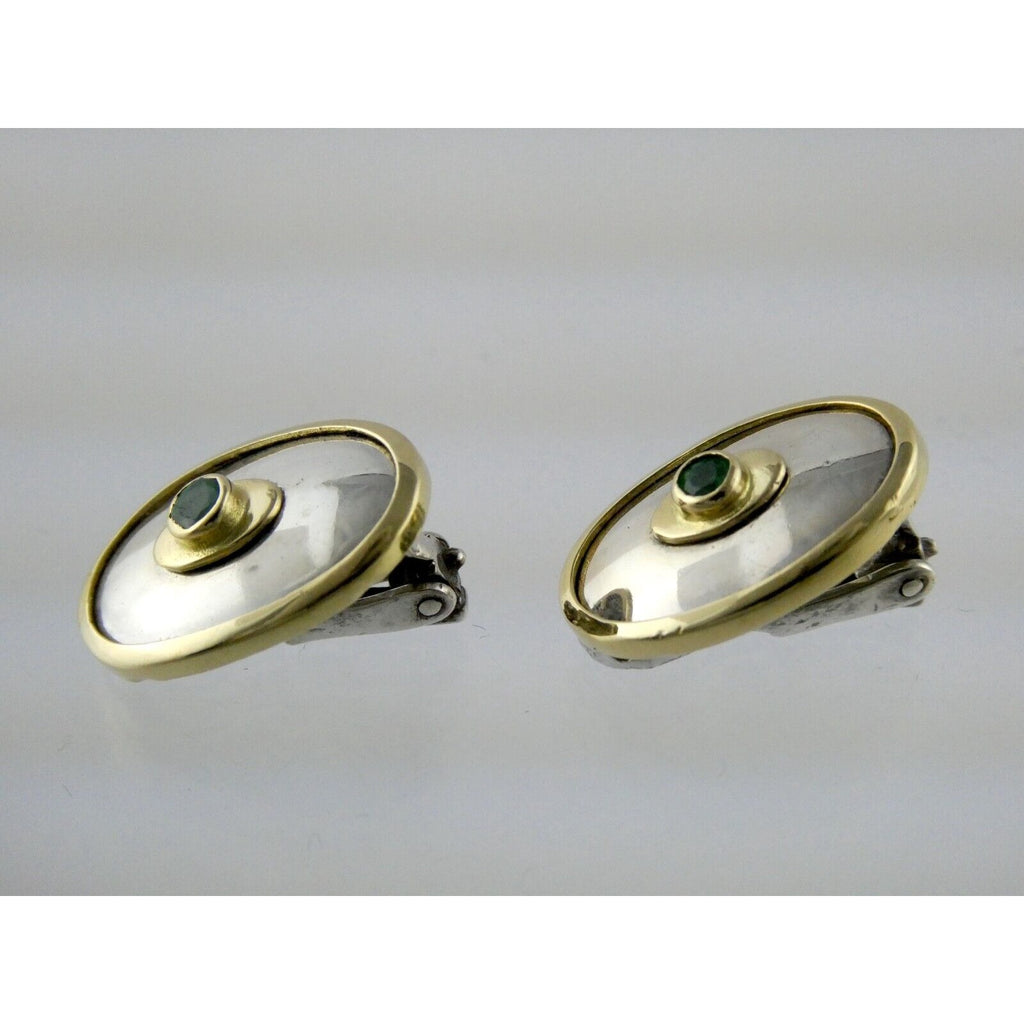 Ilias Lalaounis Greece Sterling Silver Emerald 18k Gold Trim Clip on Earrings