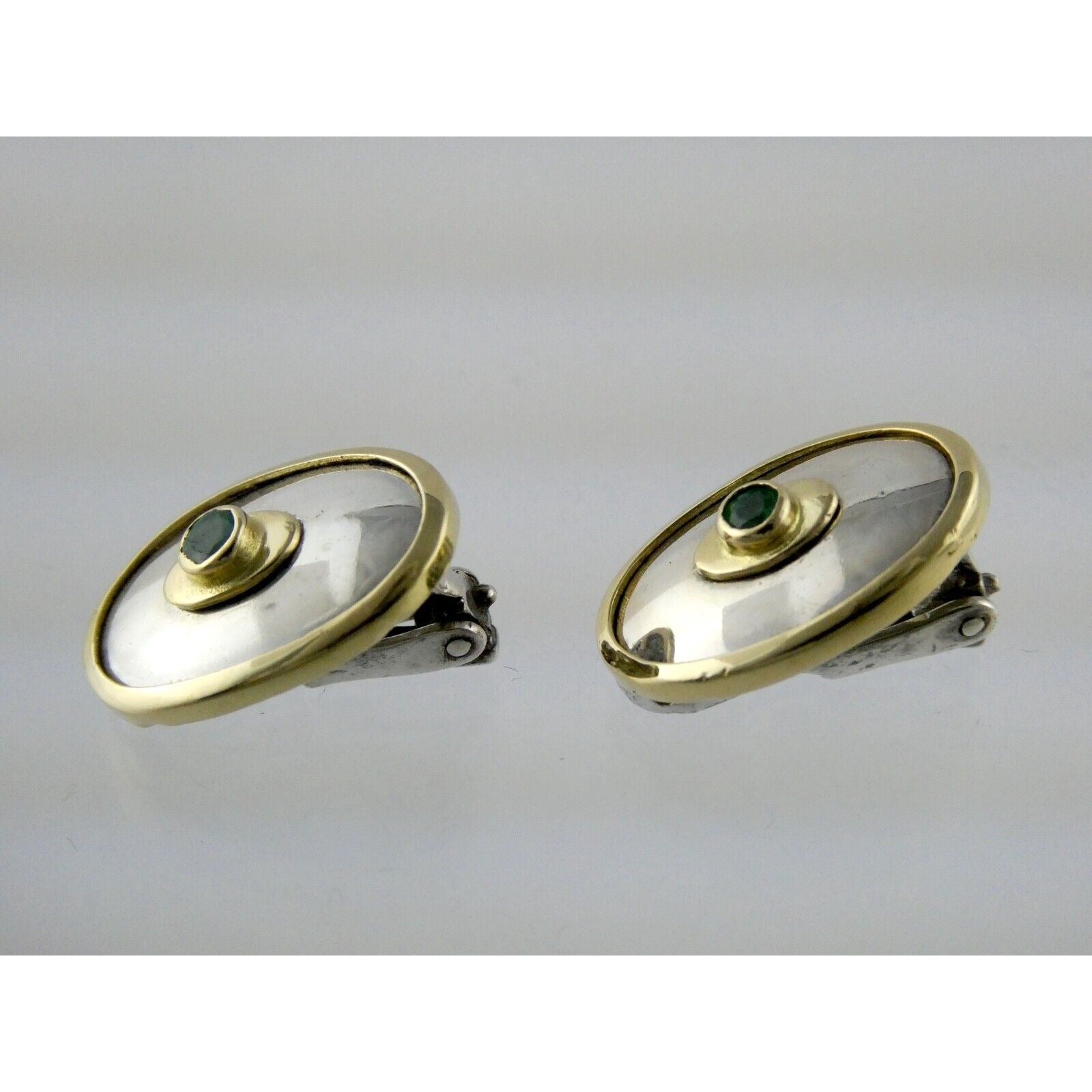 Ilias Lalaounis Greece Sterling Silver Emerald 18k Gold Trim Clip on Earrings