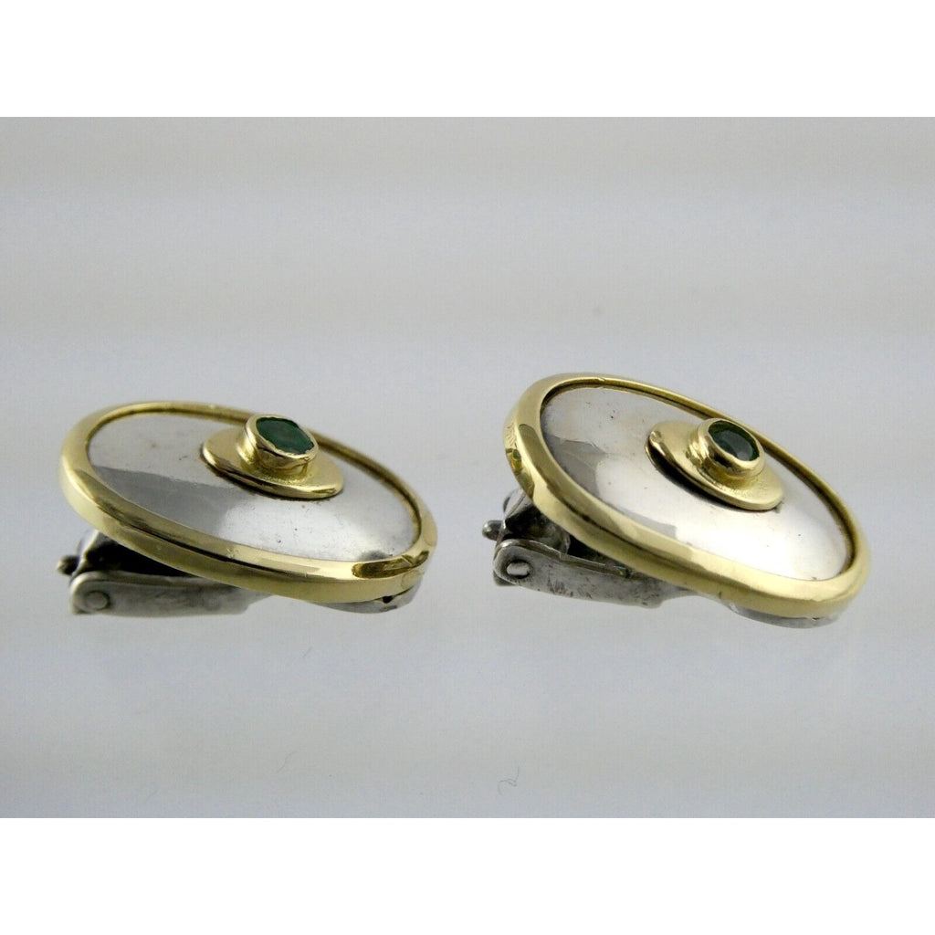 Ilias Lalaounis Greece Sterling Silver Emerald 18k Gold Trim Clip on Earrings