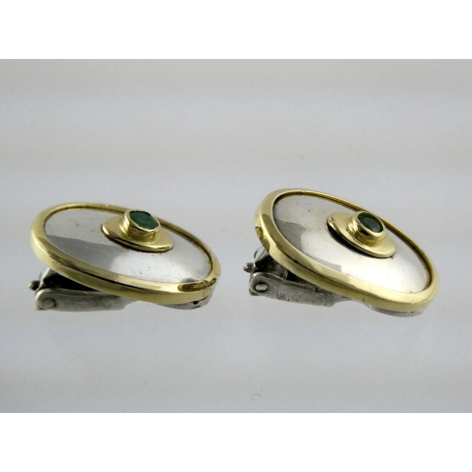 Ilias Lalaounis Greece Sterling Silver Emerald 18k Gold Trim Clip on Earrings