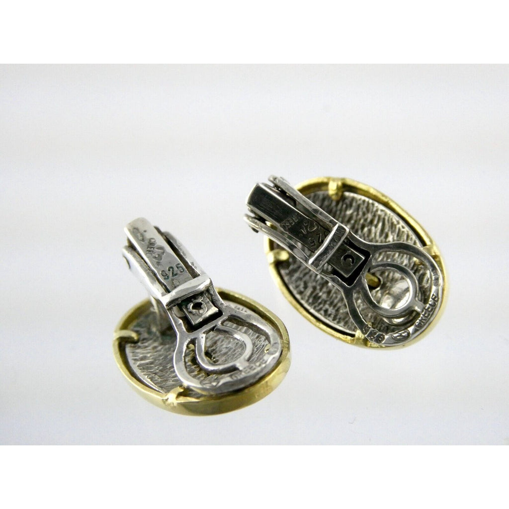 Ilias Lalaounis Greece Sterling Silver Emerald 18k Gold Trim Clip on Earrings