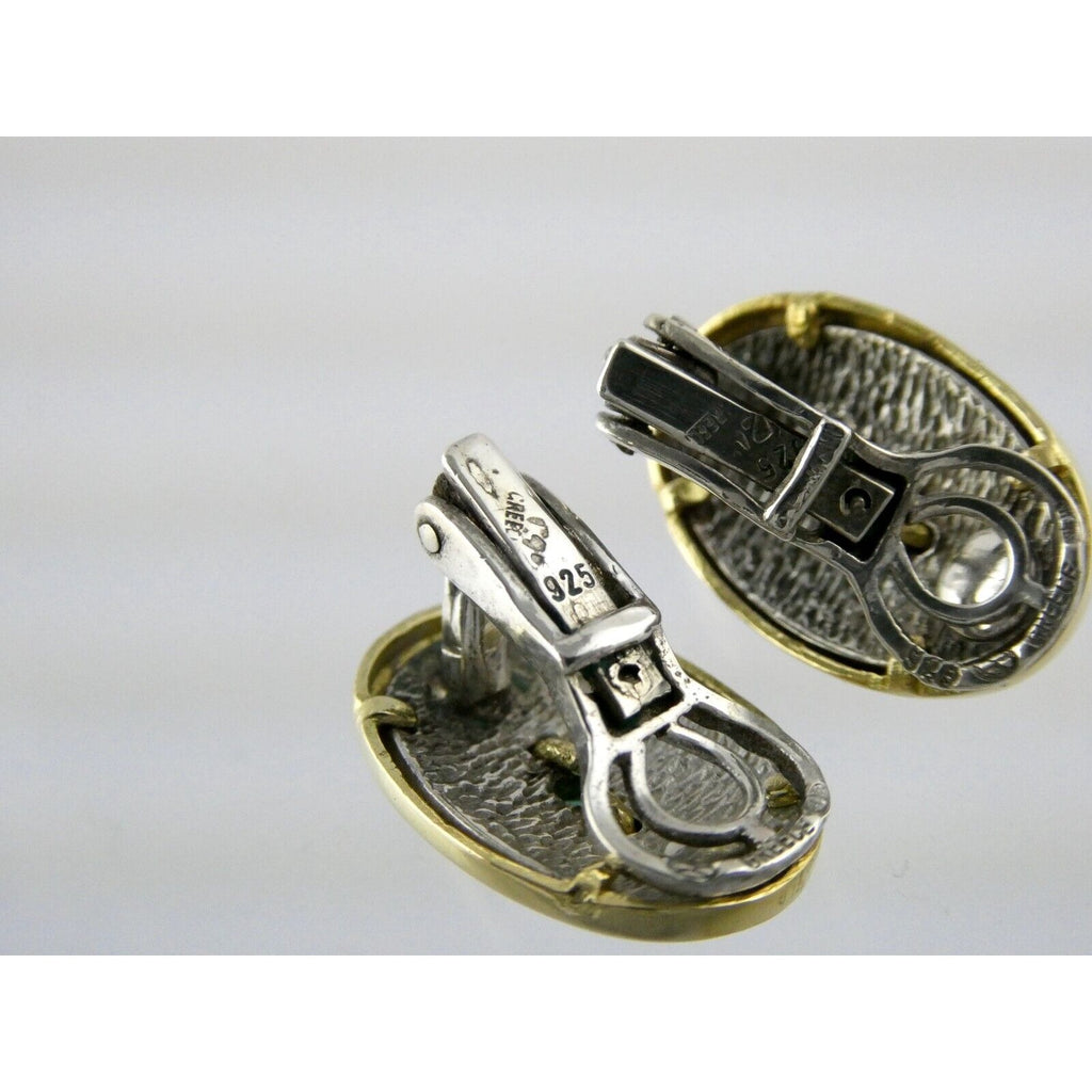 Ilias Lalaounis Greece Sterling Silver Emerald 18k Gold Trim Clip on Earrings