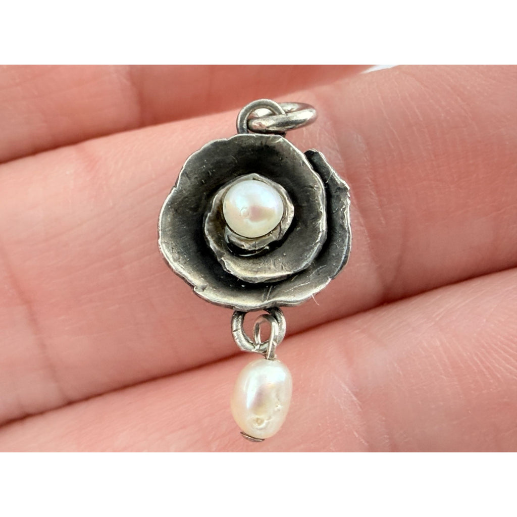 Designer Sterling Silver Seed Pearls Rose Pendant Charm 1.5g 23mm Total Length
