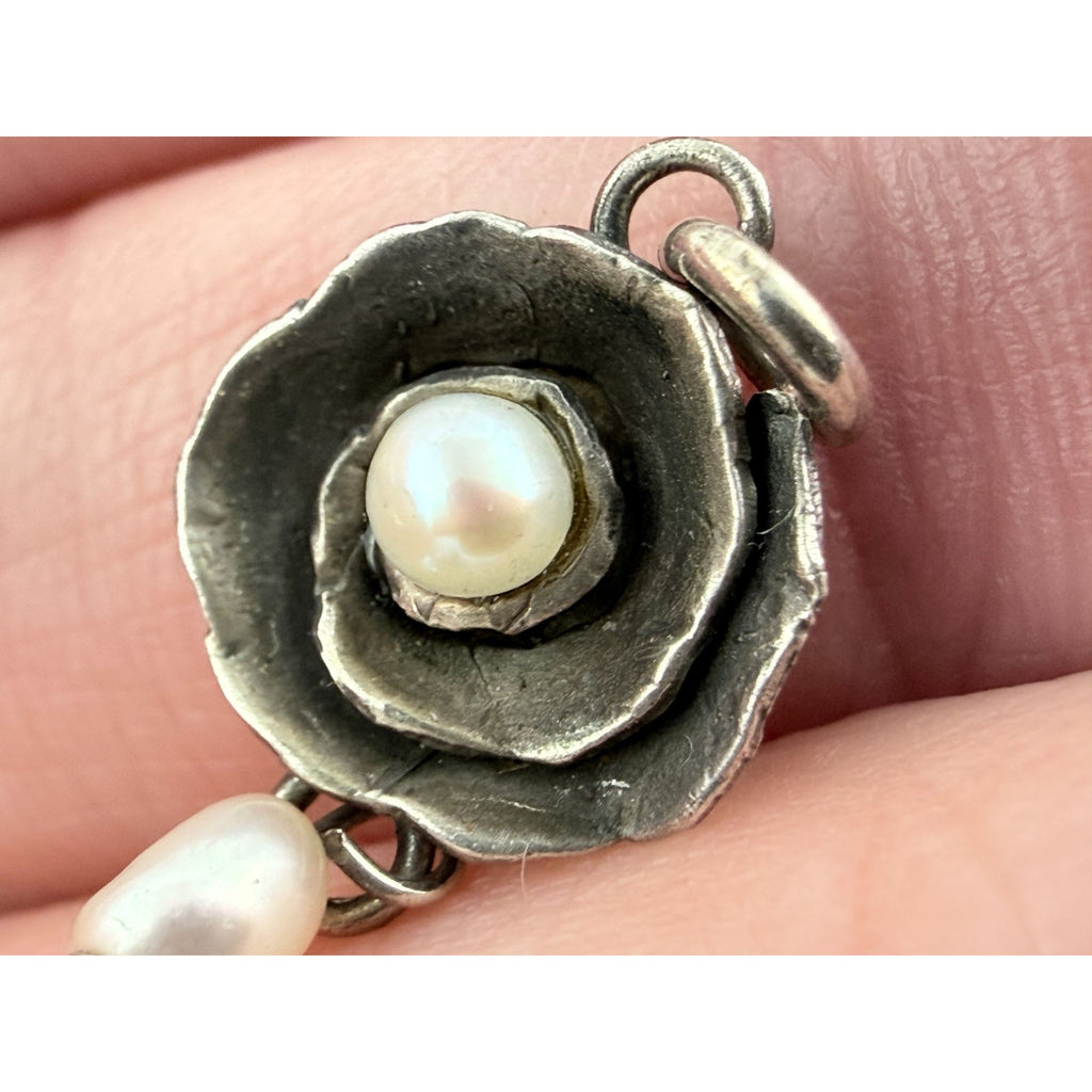 Designer Sterling Silver Seed Pearls Rose Pendant Charm 1.5g 23mm Total Length