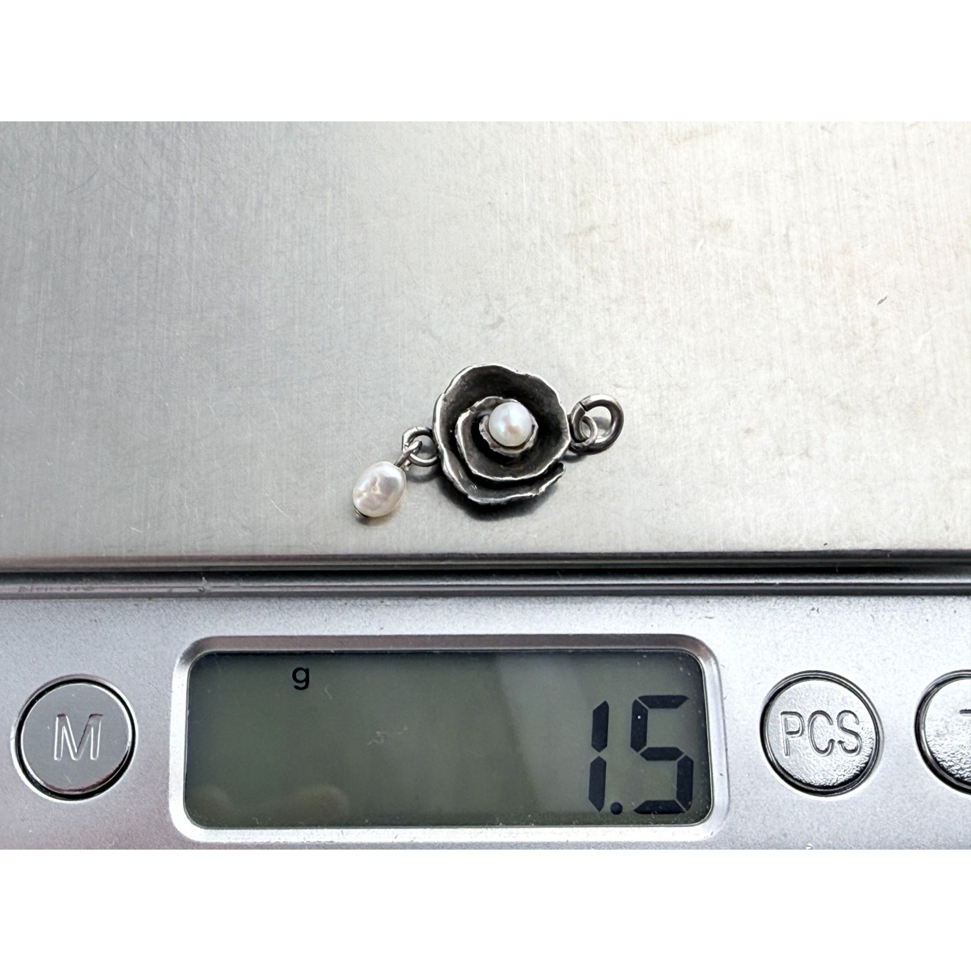 Designer Sterling Silver Seed Pearls Rose Pendant Charm 1.5g 23mm Total Length