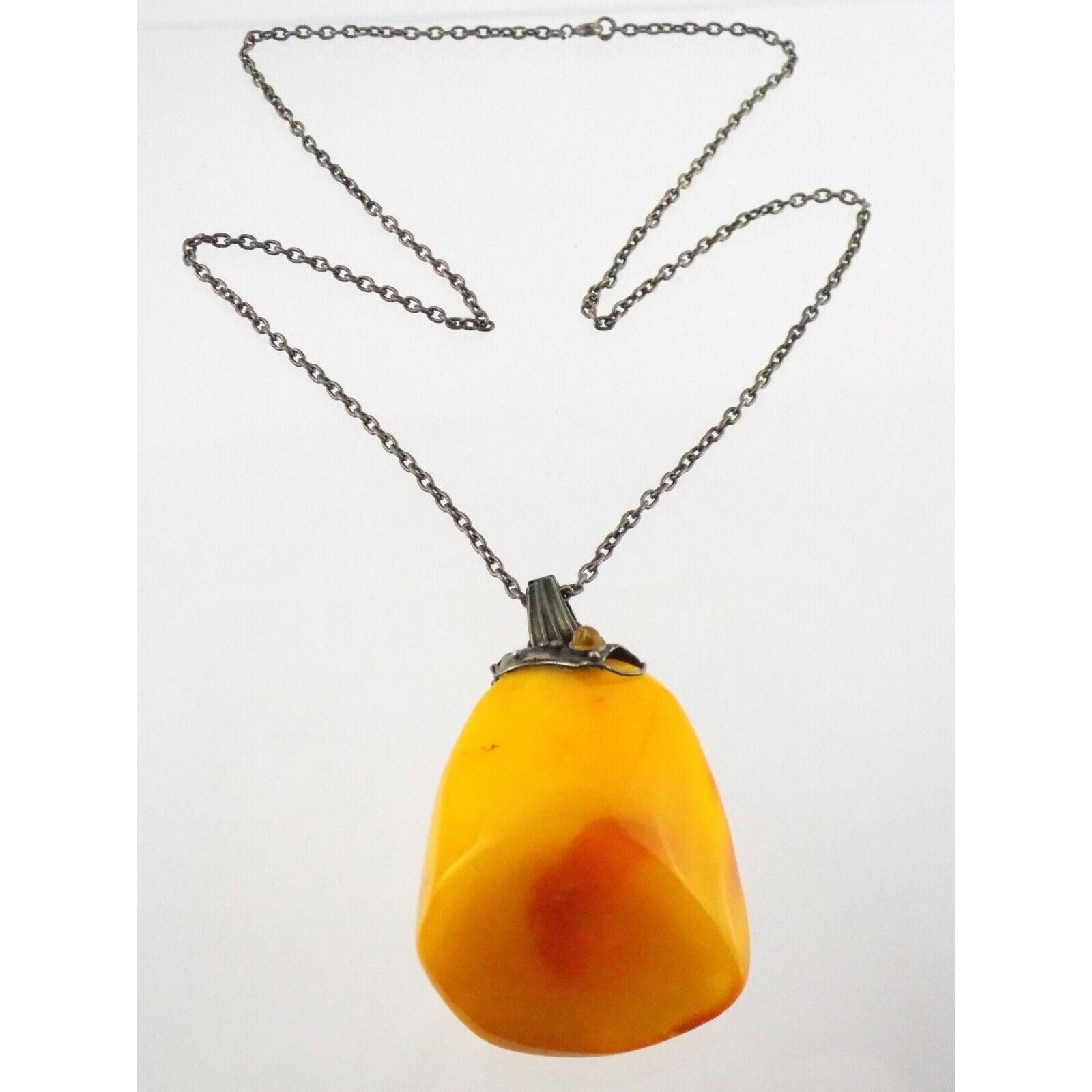 Vintage WD Poland Sterling Silver Marked Freeform and Cab Amber Pendant Necklace