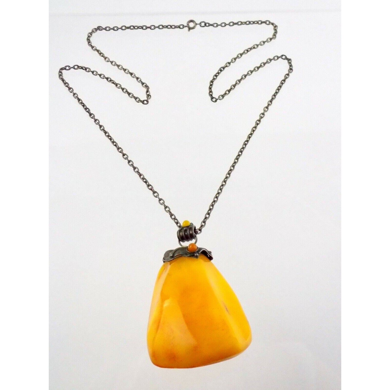 Vintage WD Poland Sterling Silver Marked Freeform and Cab Amber Pendant Necklace