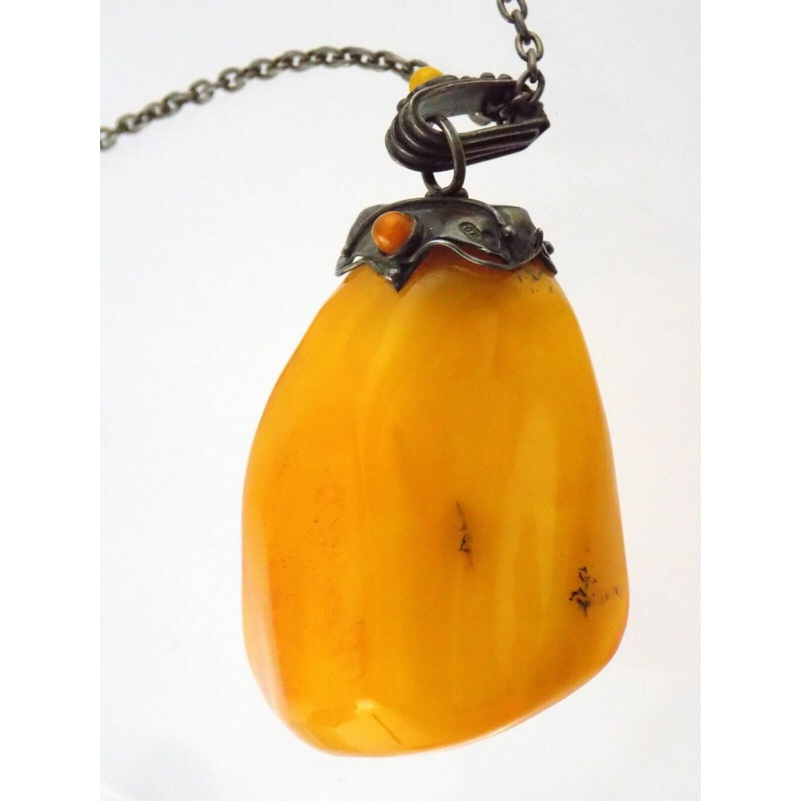 Vintage WD Poland Sterling Silver Marked Freeform and Cab Amber Pendant Necklace