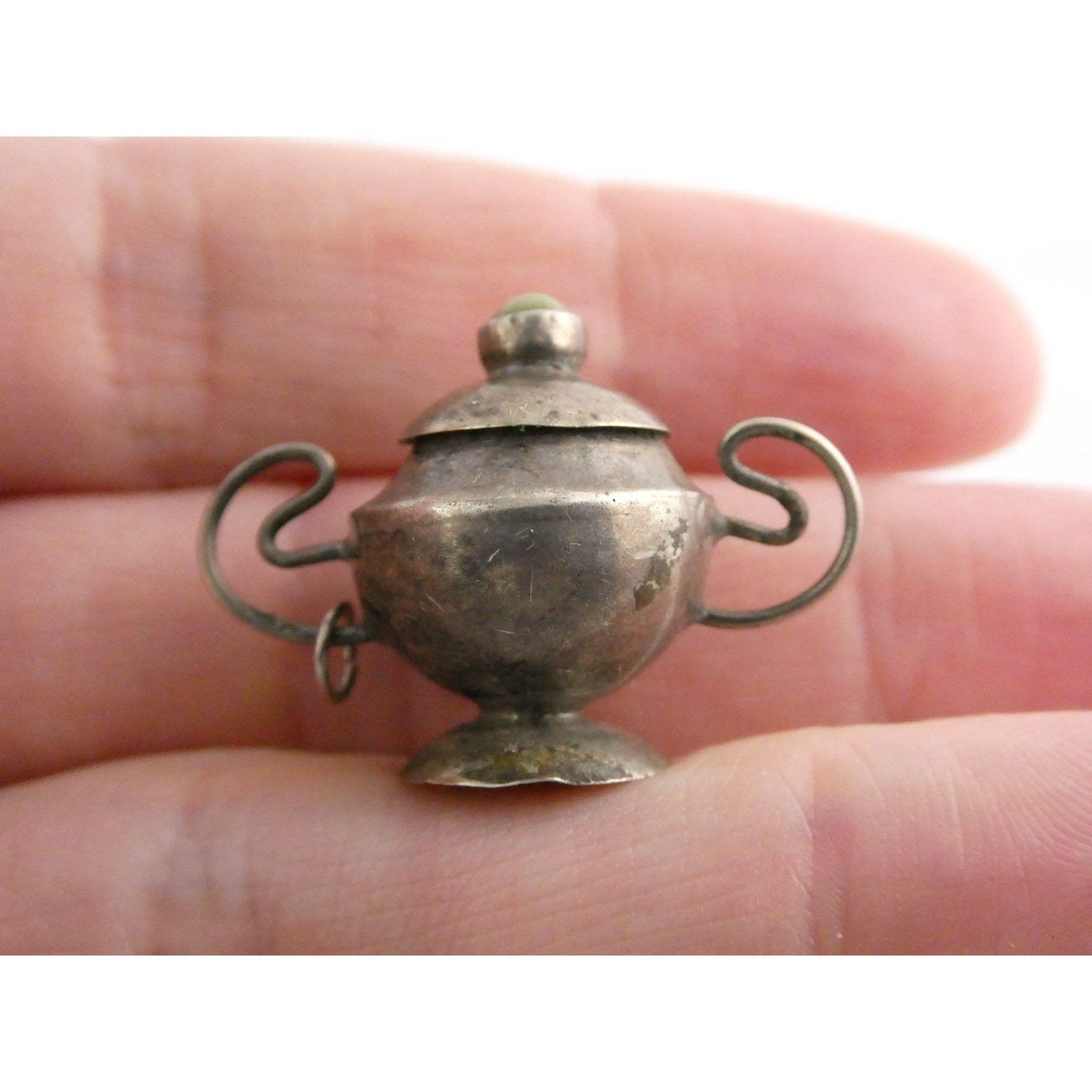 Vintage Sterling Silver Lidded Sugar Bowl Pendant w Turquoise Finial 3.4g 1 Inch