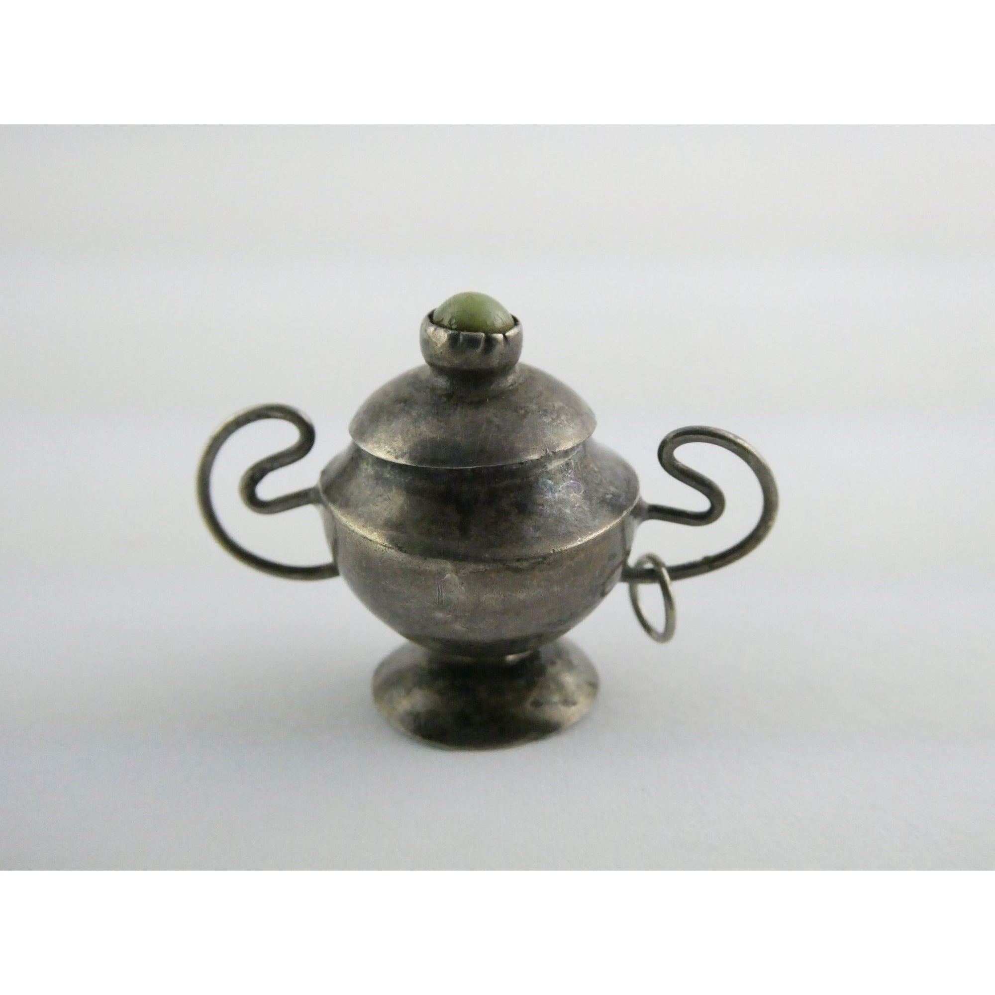 Vintage Sterling Silver Lidded Sugar Bowl Pendant w Turquoise Finial 3.4g 1 Inch