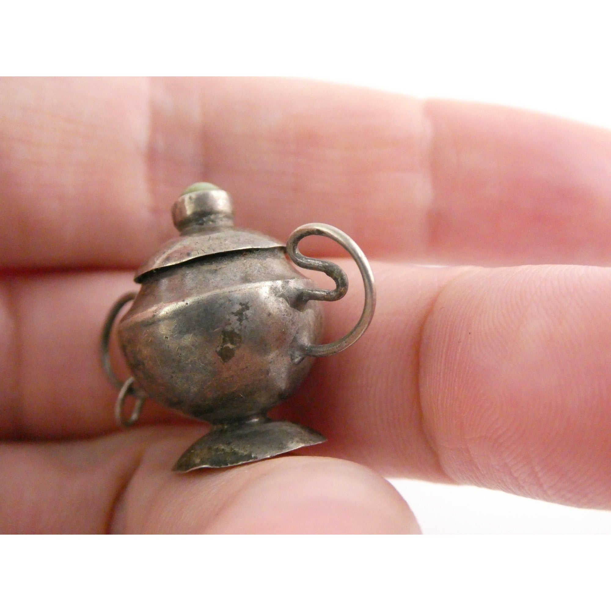 Vintage Sterling Silver Lidded Sugar Bowl Pendant w Turquoise Finial 3.4g 1 Inch