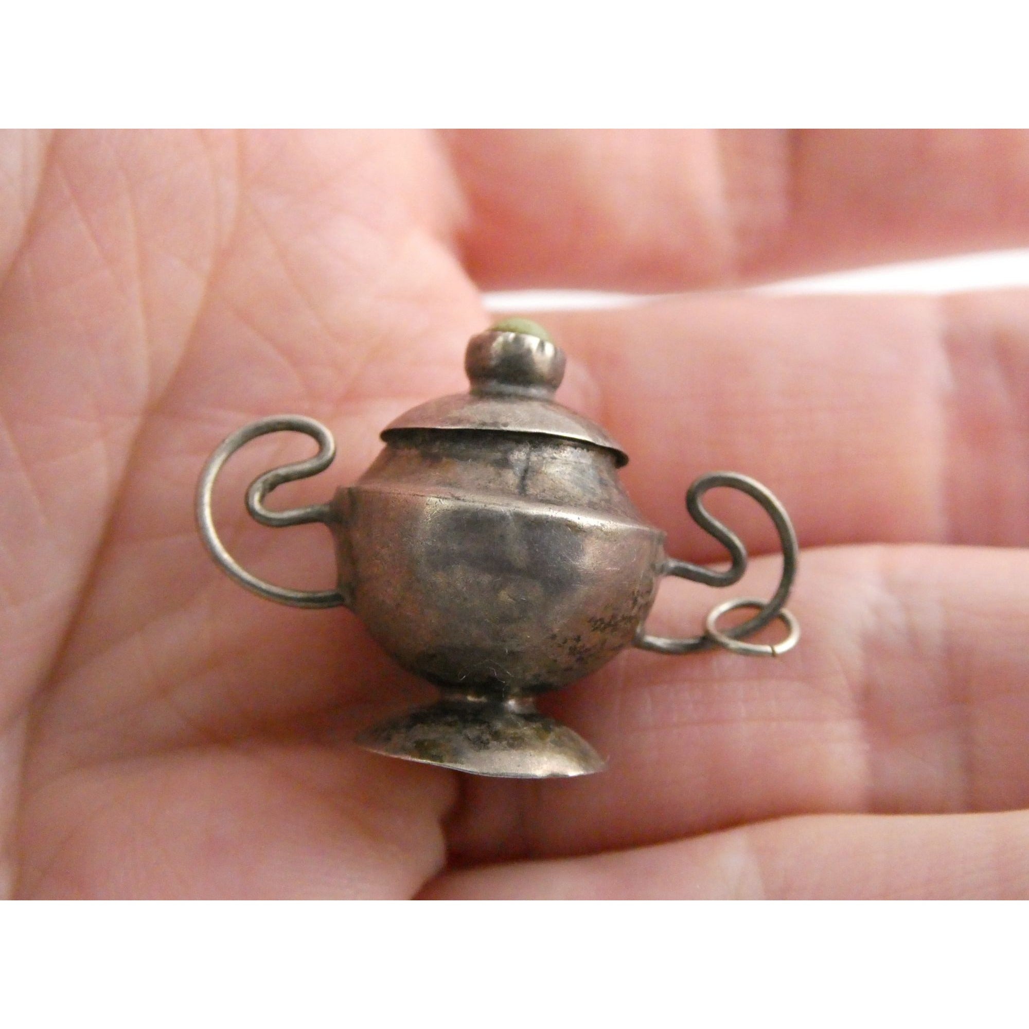 Vintage Sterling Silver Lidded Sugar Bowl Pendant w Turquoise Finial 3.4g 1 Inch