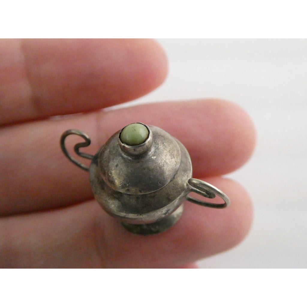 Vintage Sterling Silver Lidded Sugar Bowl Pendant w Turquoise Finial 3.4g 1 Inch