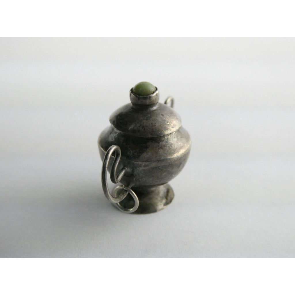 Vintage Sterling Silver Lidded Sugar Bowl Pendant w Turquoise Finial 3.4g 1 Inch