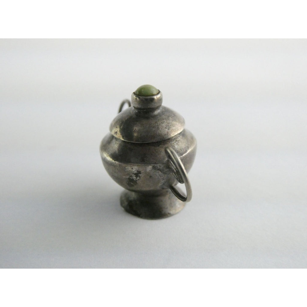 Vintage Sterling Silver Lidded Sugar Bowl Pendant w Turquoise Finial 3.4g 1 Inch