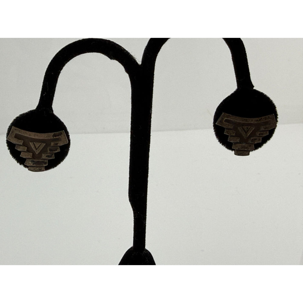 Vintage 1940s or 50s Era Mexican Silver Screwback Earrings Glyph Design 5g 7/8In